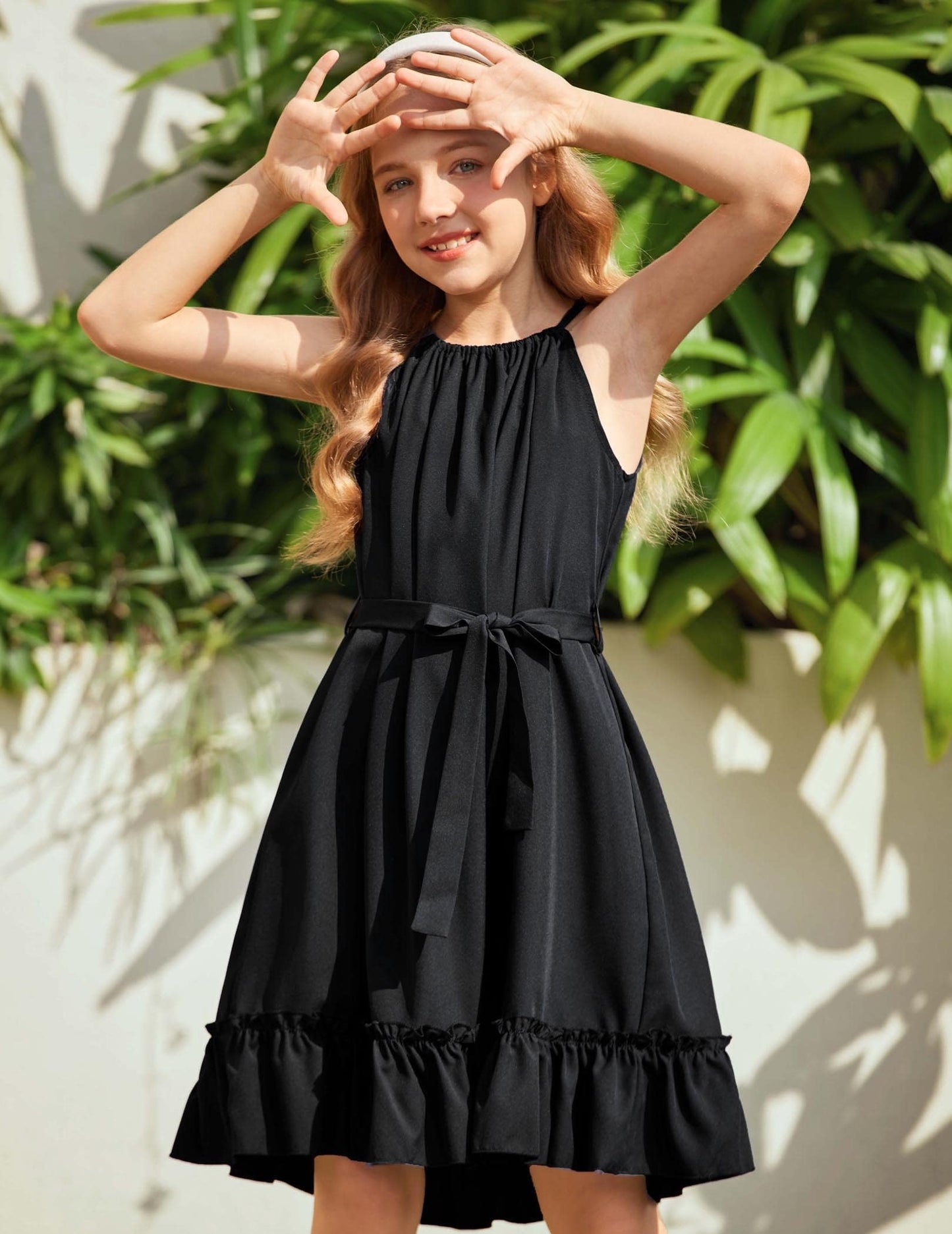 Arshiner Mädchen Kleid Neckholder Sommerkleid Rüschensaum Midikleid A-Linie Kinderkleid Swing Partykleider Abendkleid Kinder Festliche Kleider Freizeitkleid mit Gürtel 6-14 Jahre