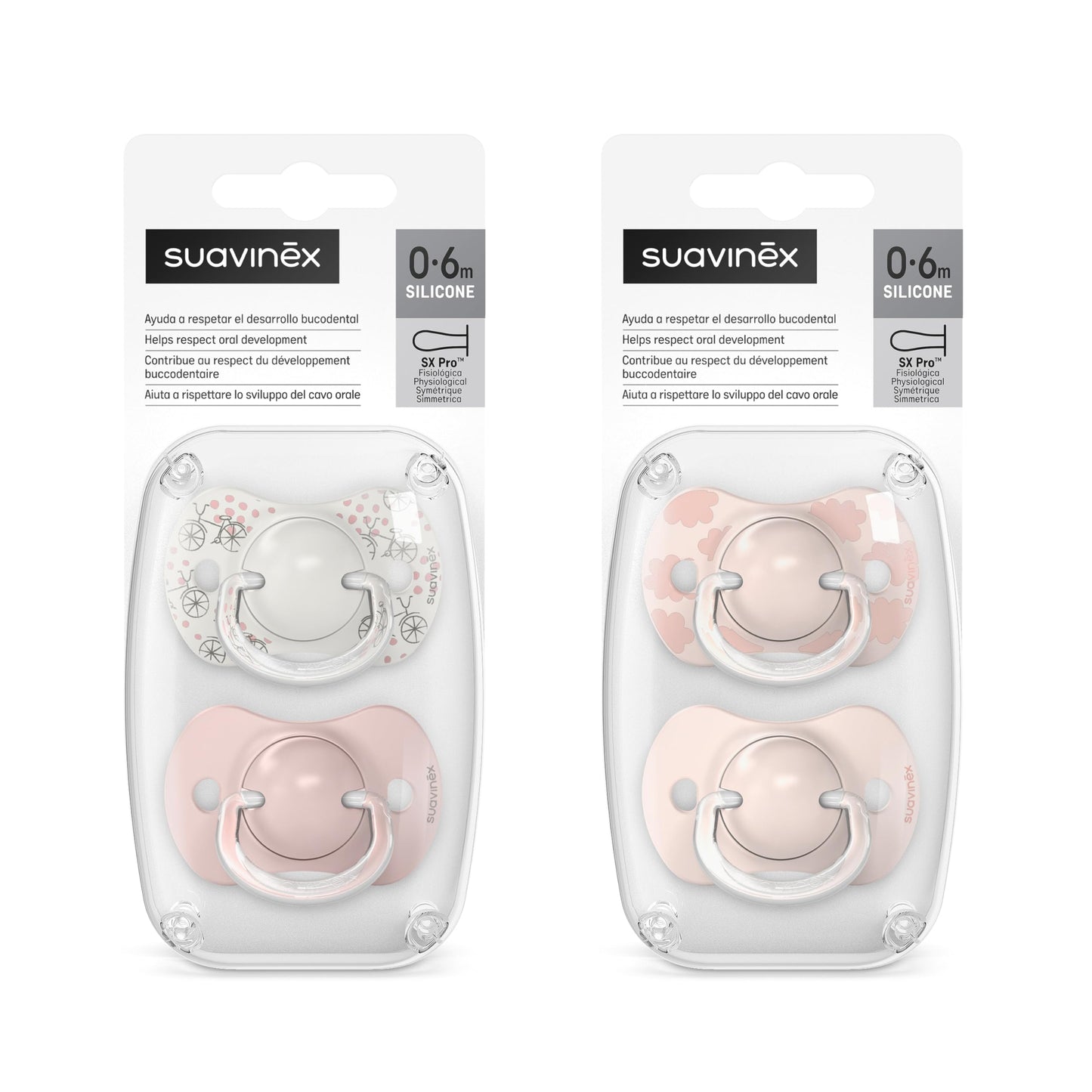 Suavinex, Set mit 2 Schnullern für Babys 0-6 Monate, Symmetrisch, Super weich und flexibel, Dreams Pink, 2er-Pack