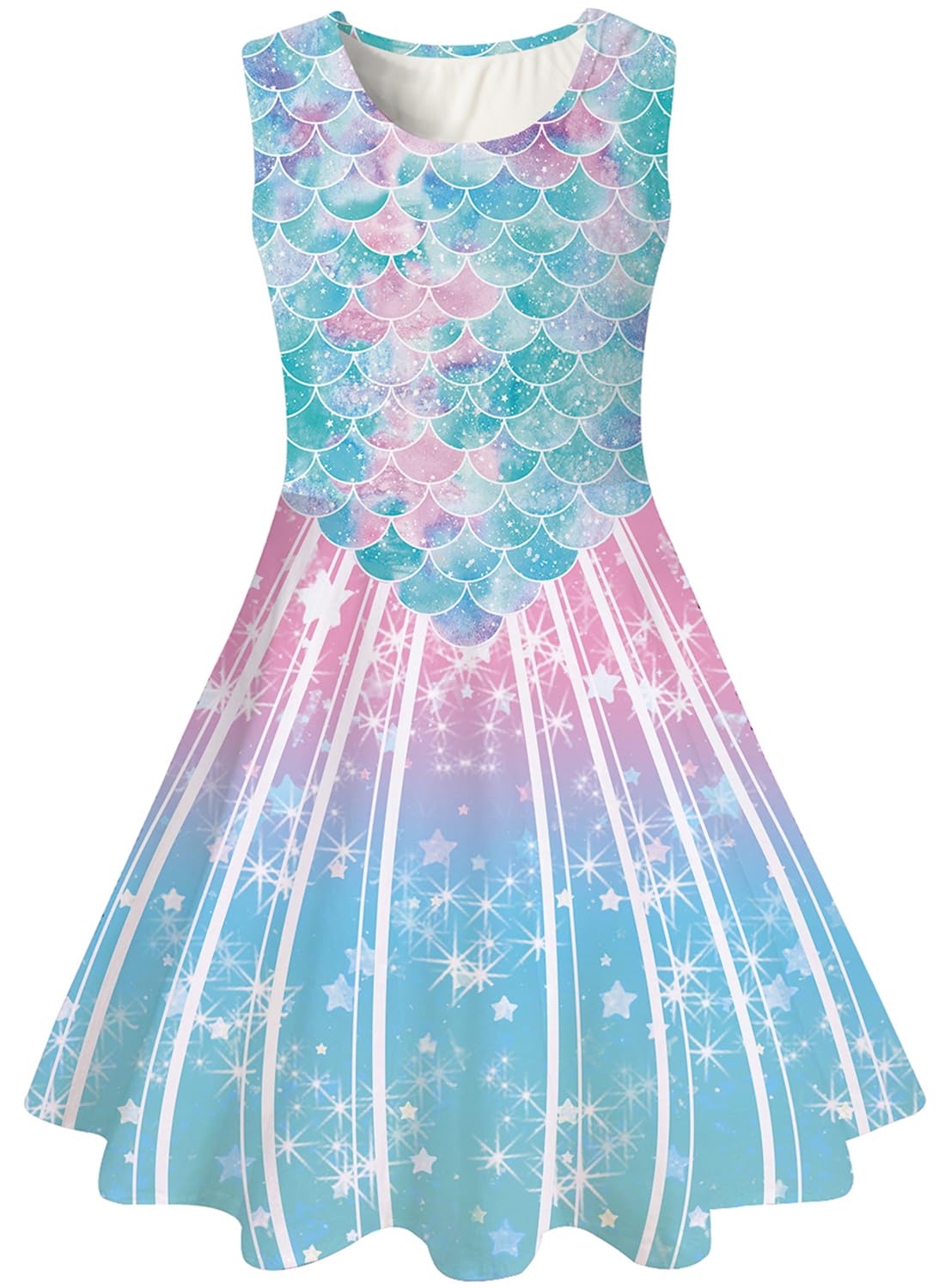 kids4ever Mädchen Kleid Ärmellos Sommerkleid Rundhals A-Linie Swing Kleid Meerjungfrau Galaxie Prinzessin Party Geburtstag 4-12 Jahre