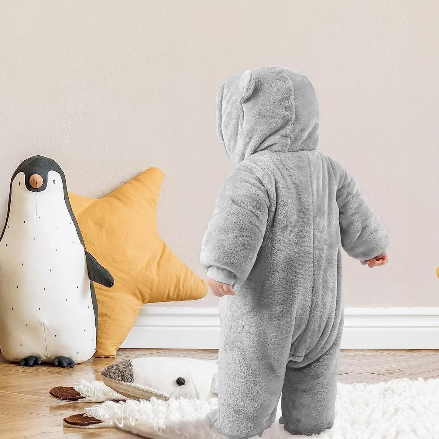 JiAmy Baby-Overall Baby-Strampler Flanell Winter-Strampelanzug mit Füßchen Kapuze Cartoon,Khaki 6-9 Monate