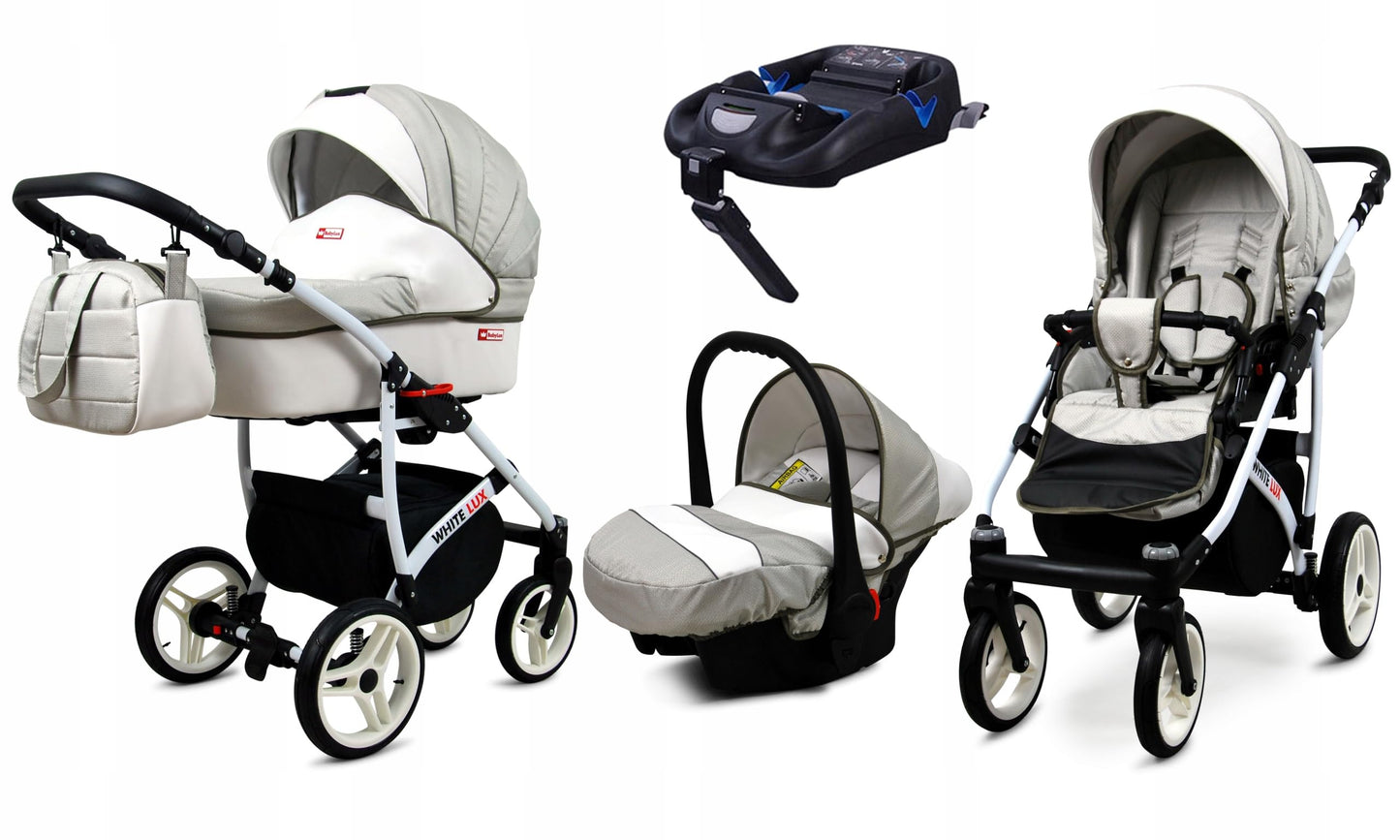 BabyLux® Bambimo Kinderwagen Set 3 in 1 - White Lux - incl. Babywanne, Buggy Sportsitz, Auto-Babyschale - Autositz - Kinderwagenset - Kombikinderwagen mit Wickeltasche, Regenschutz usw.