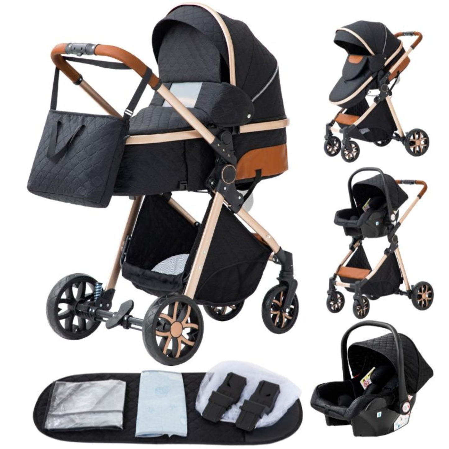 YAZOCO Kinderwagen 3 in 1 Buggy Babybett Komplett Set mit einem Klick Zusammenklappbarer Kinderwagen, KombiKinderwagen Aluminiumrahmen für Neugeborene Sitzzubehör - Meloni2