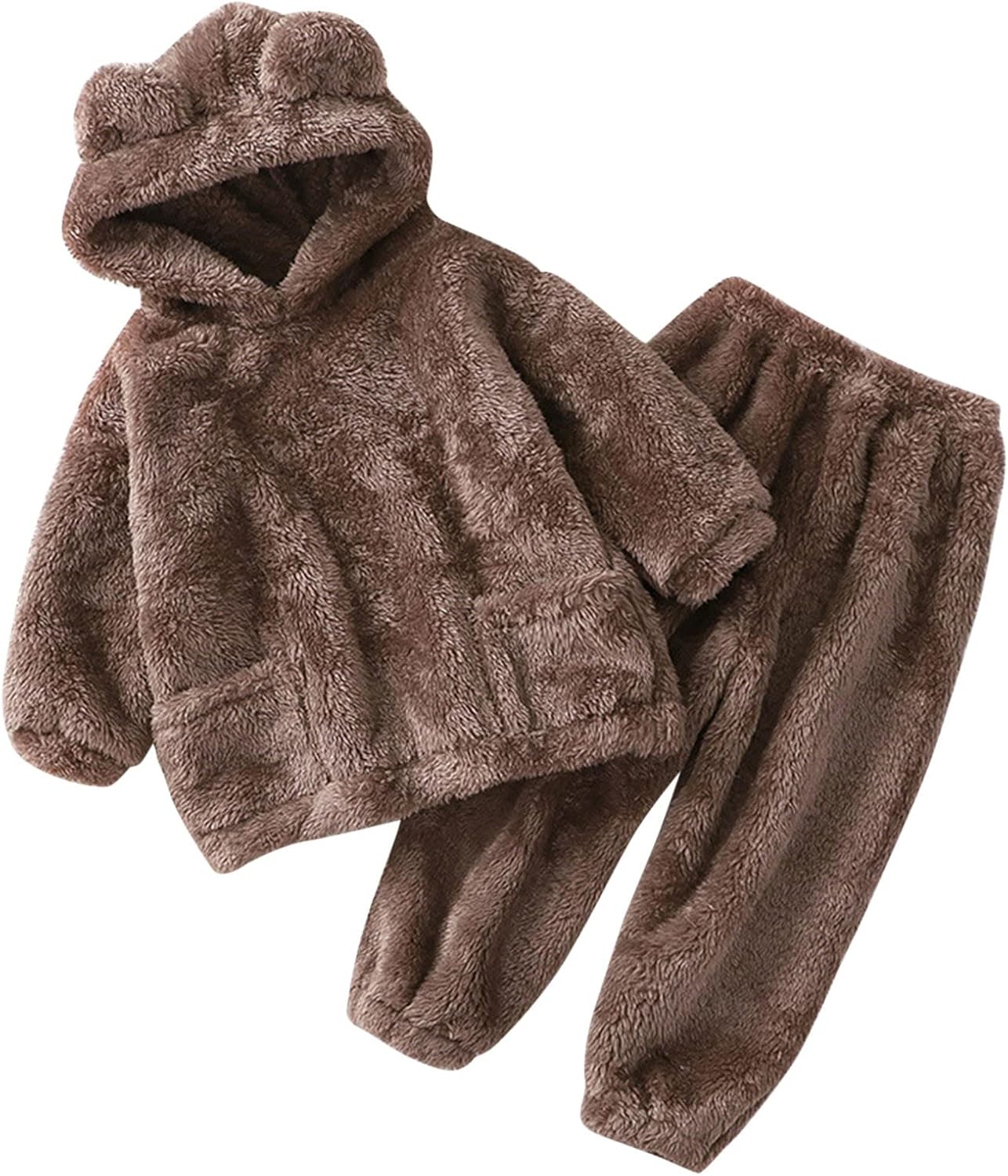Fccrian Kleinkind Kinder Baby Mädchen Jungen Kleidung Winter Warm Kapuze Ohr Sweatshirt Tops und Hosen 2-teiliges Herbst-Outfits Pyjama Nachtwäsche Set Baby Pyjama einfarbig