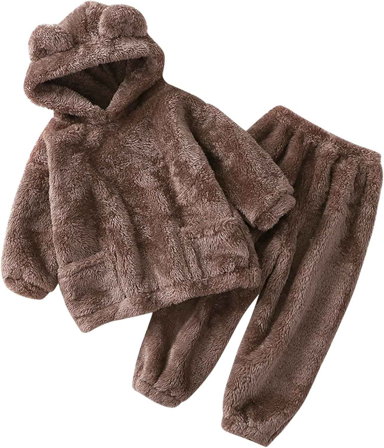Fccrian Kleinkind Kinder Baby Mädchen Jungen Kleidung Winter Warm Kapuze Ohr Sweatshirt Tops und Hosen 2-teiliges Herbst-Outfits Pyjama Nachtwäsche Set Baby Pyjama einfarbig