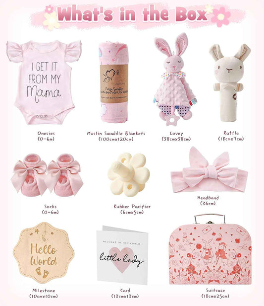 Baby Gift Boys Girls Newborn Gifts for Birth with Comforter Blanket / Baby Romper / Socks / Muslin Blanket / Rattle Nappy Cake Gift Box Baby Shower Party Gender Reveal Gift (Pink)