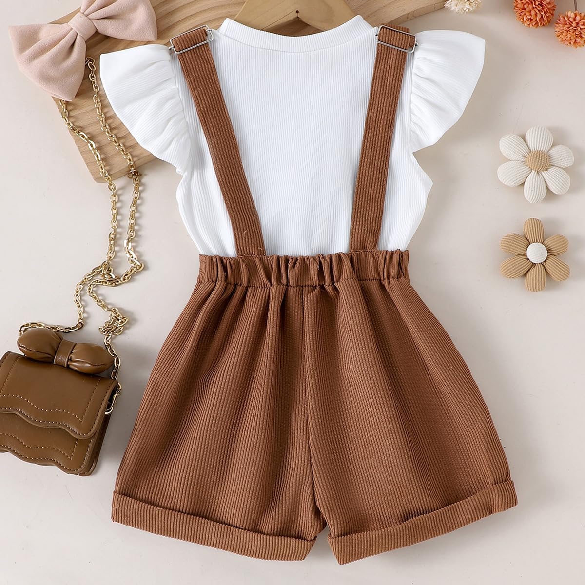 Baby Mädchen Sommer Outfits Rüschen Kurzarm Ripptop+ Blumen/Herzmuster Overalls Shorts Mit Tasche Süßes 2-Teiliges Kleidungsset