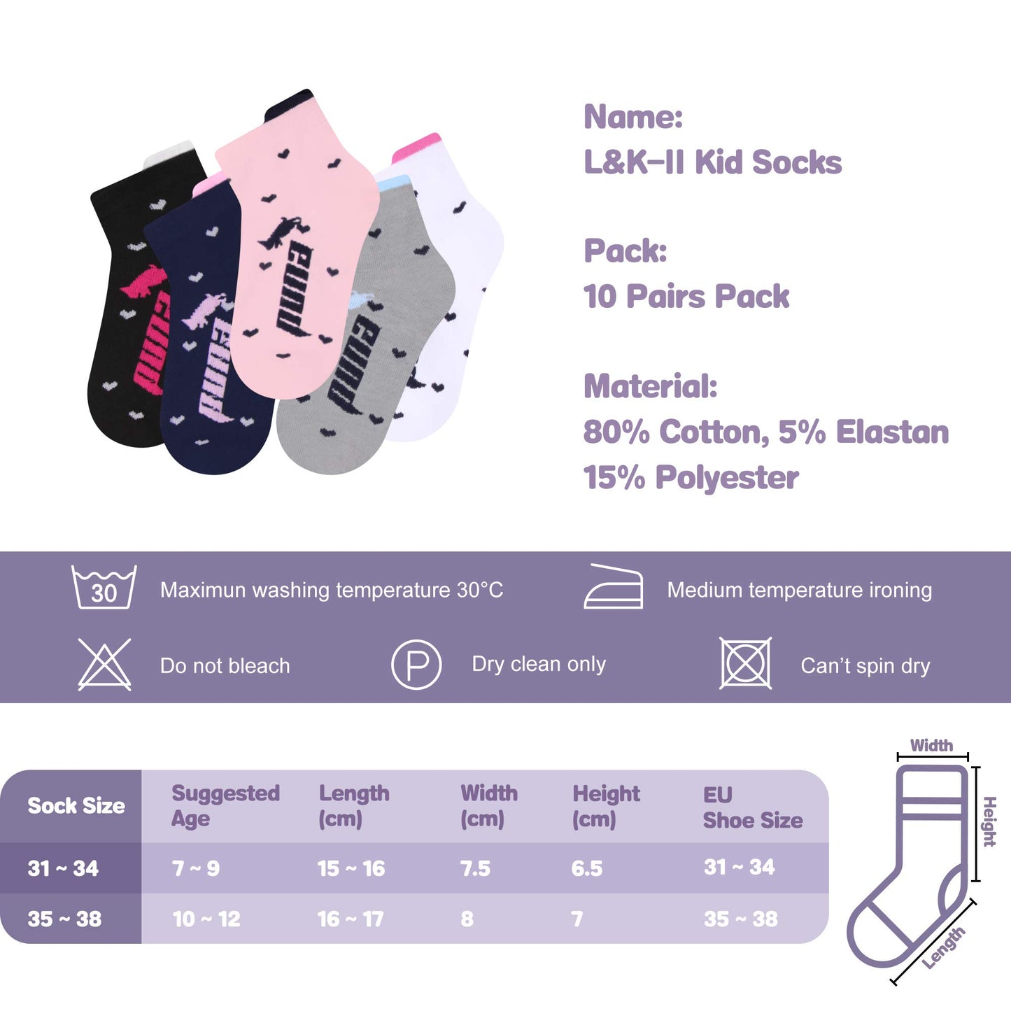 L&K-II 10/12 Paar Kinder Mädchen Socken mit niedlichen Herzmustern Kids Füßlinge Sneakersocken bunt 2825