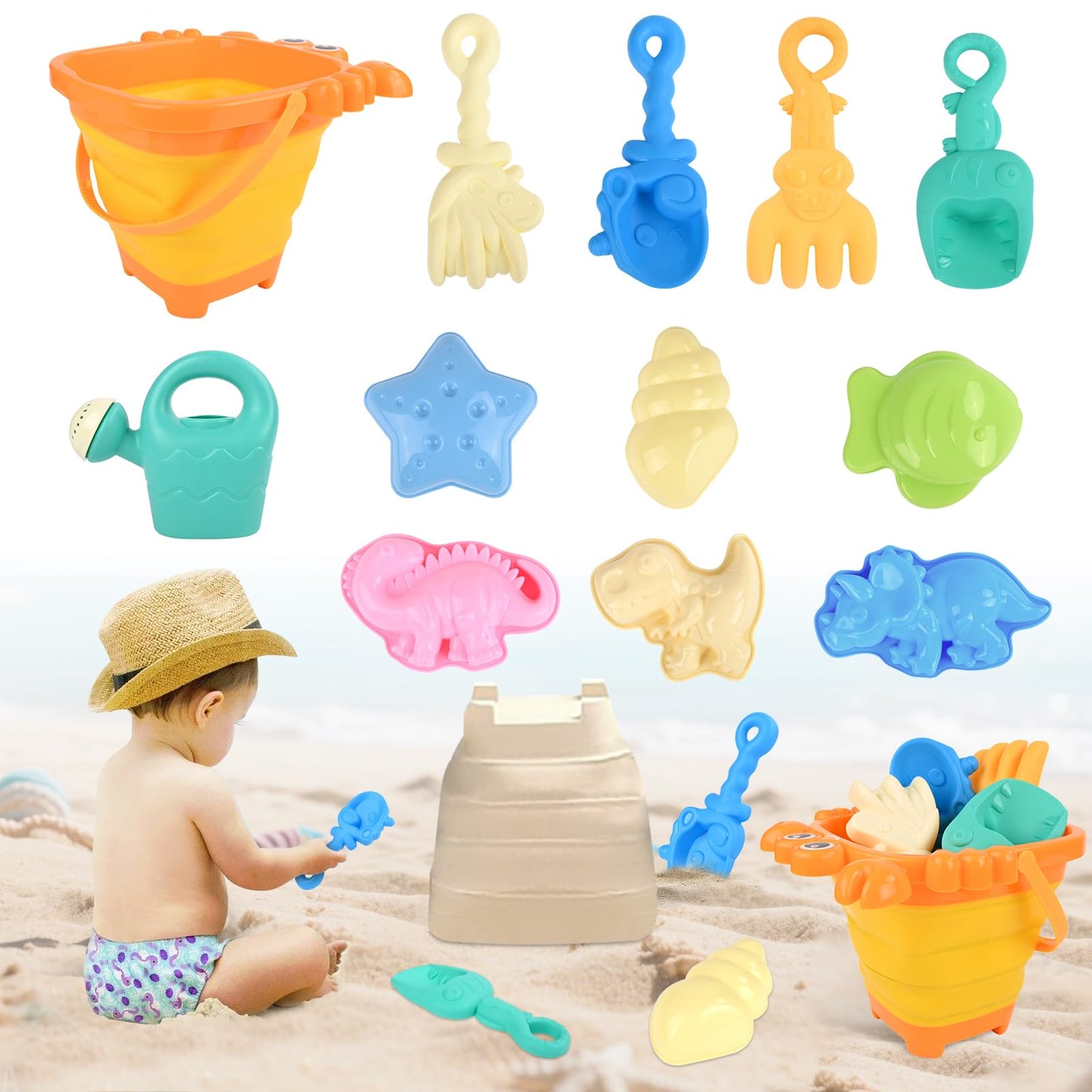 Euakee Sand Toy for Children, 11 Pieces Sand Toys with Foldable Bucket, Sanity Toy Set, Sand Toy Beach, Sandpit Toy for Children 3 4 5 6 7 Years (Orange)