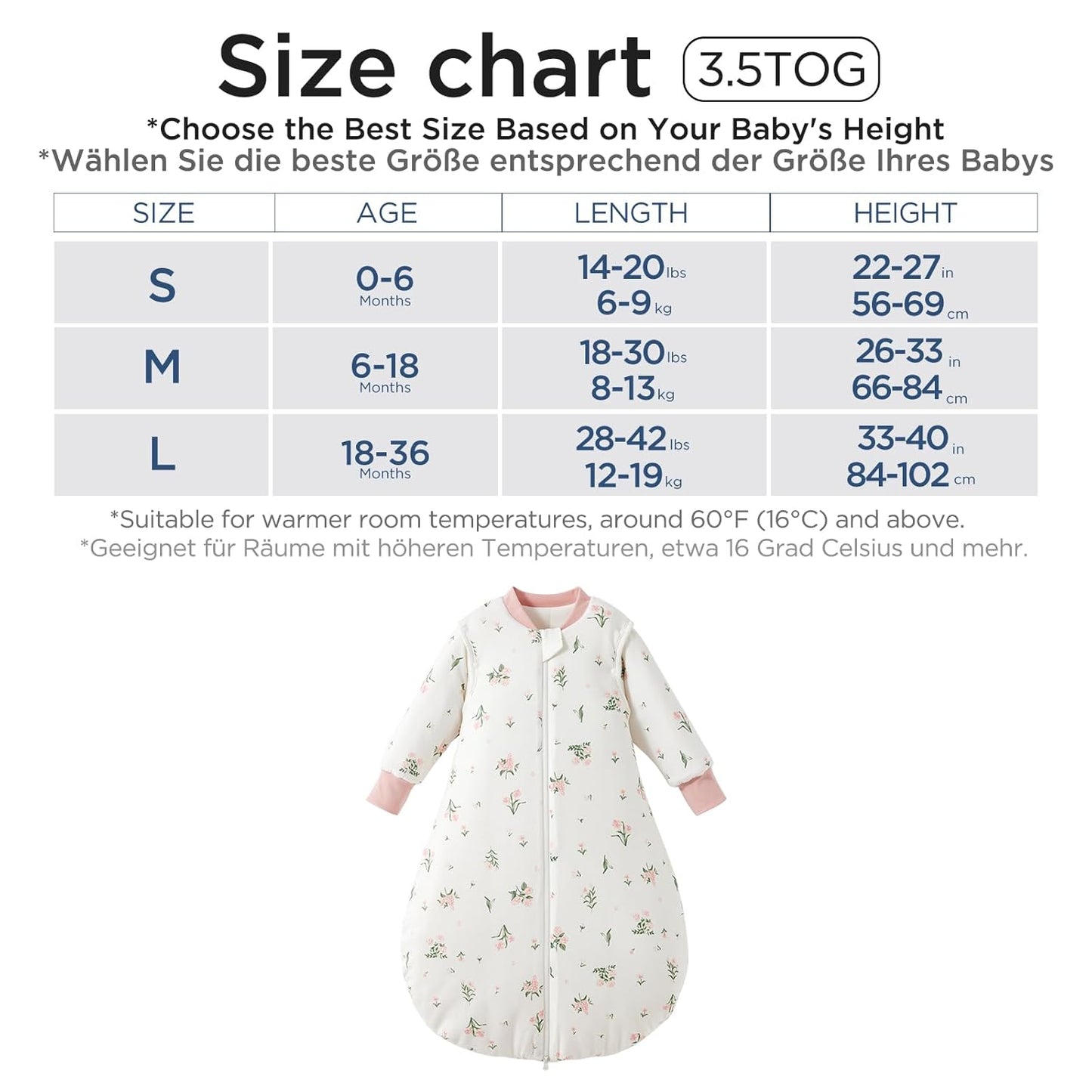 Duomiaomiao 3.5 Tog Baby Sleeping Bag, 100% Cotton Baby Sleeping Bag, Winter, Girls Newborn, Boys Sleeping Bag, Warm Newborn Children (100)