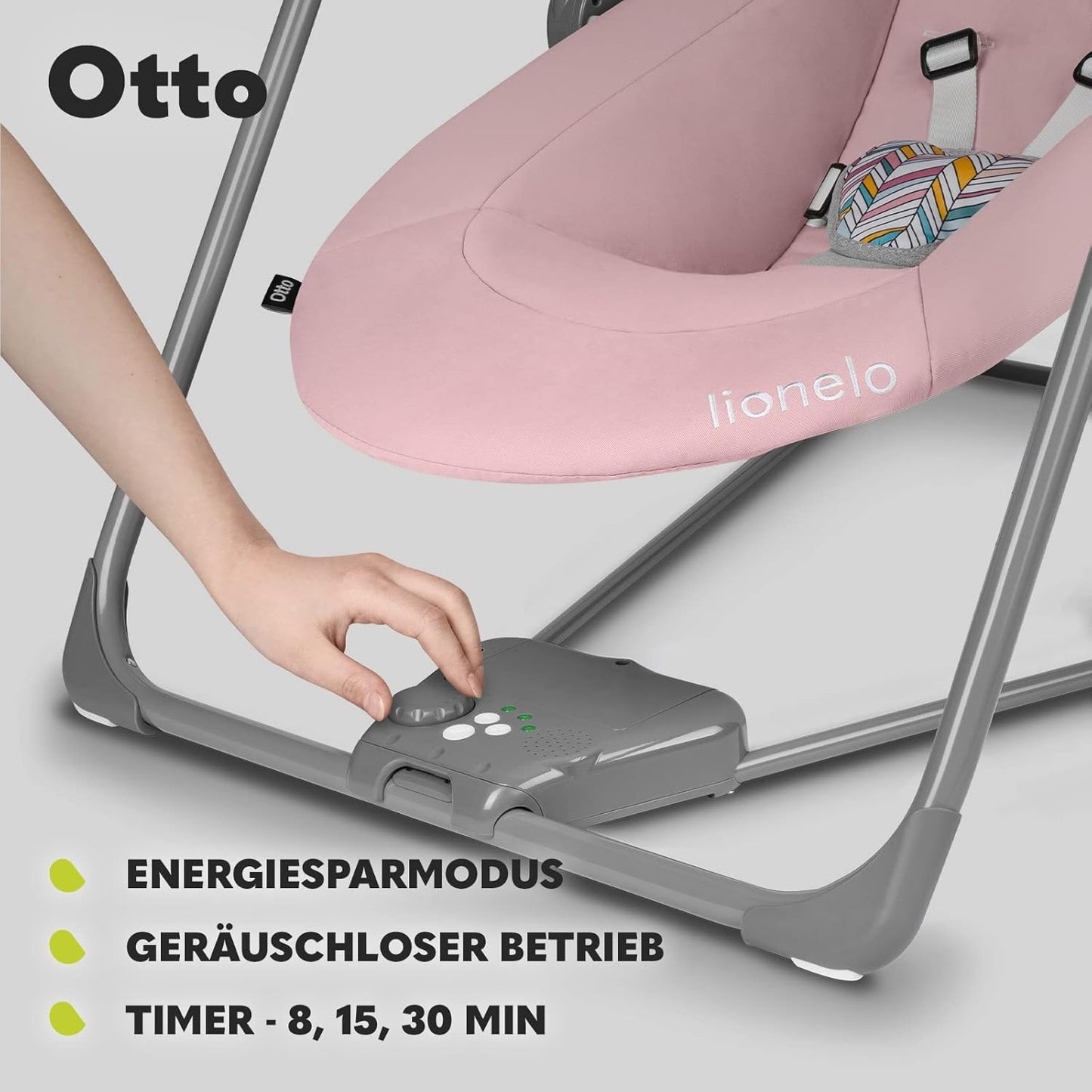 LIONELO Otto Baby Seesaw, Baby Swing, Play Arch with Interactive Toys, 5 Swing Speeds, Nature Sounds, from Birth to 9 kg, Foldable (Cozy Grey) (Pink)