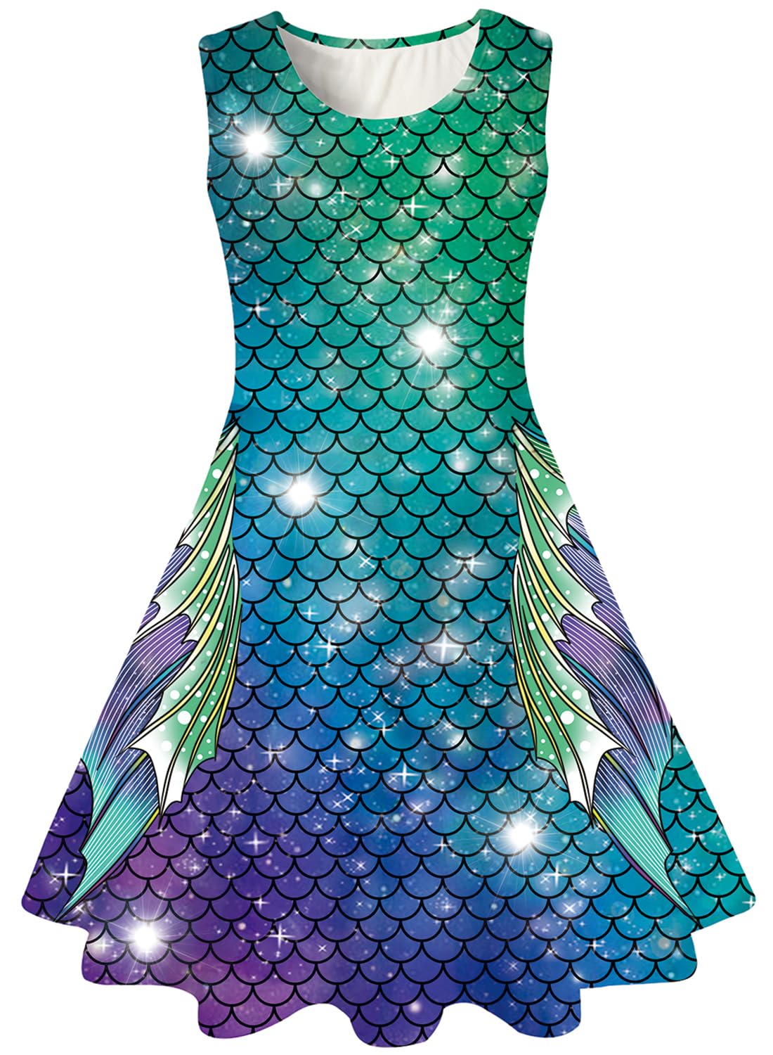 kids4ever Mädchen Kleid Ärmellos Sommerkleid Rundhals A-Linie Swing Kleid Meerjungfrau Galaxie Prinzessin Party Geburtstag 4-12 Jahre
