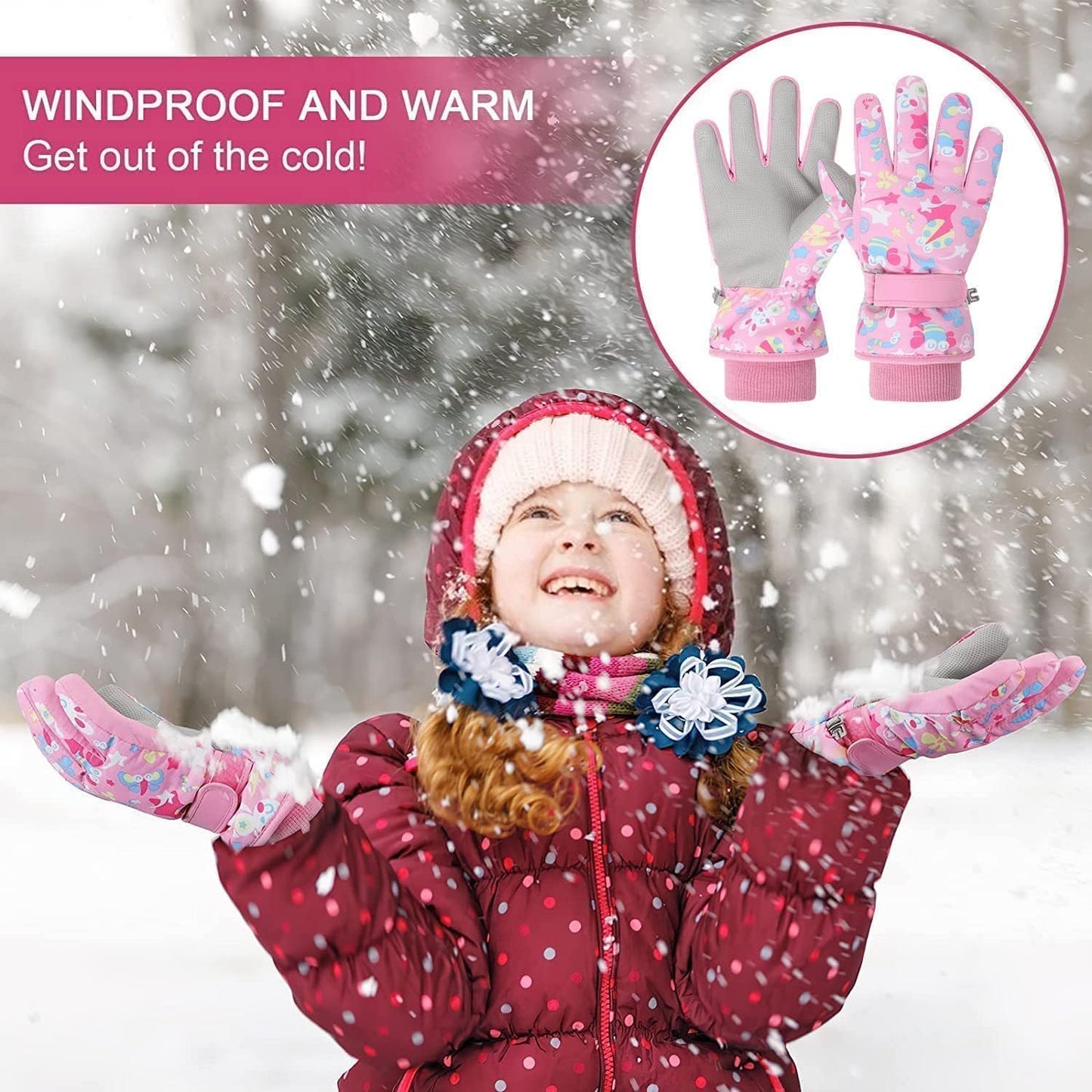 FAYHIJUN Children's Winter Snow Gloves Ski Gloves for 1-13 Years Girls Boys PU Palm Waterproof Windproof Warm Fleece Winter Gloves Cycling Gloves