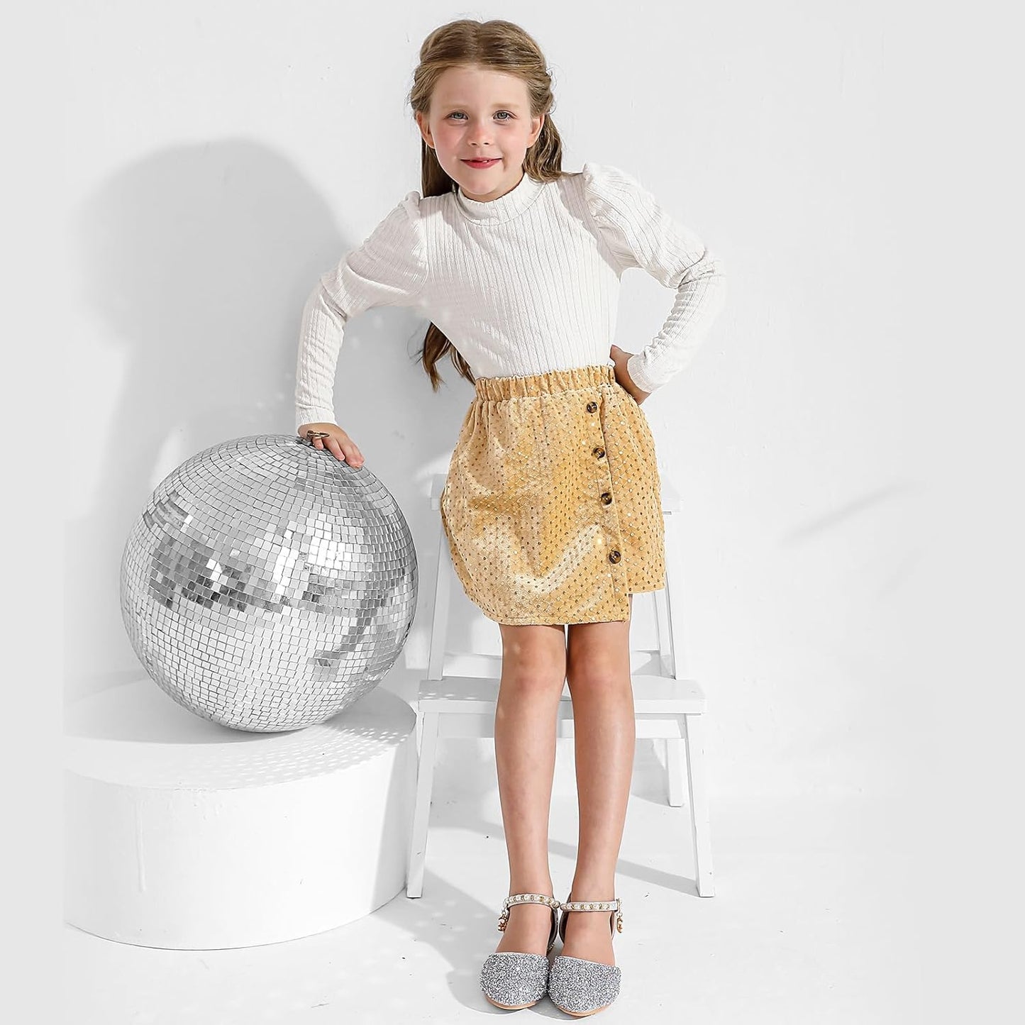 Bkixhv Baby Girls Clothes, Toddler Girls Skirt Set, Autumn Outfits, Long Puff Sleeves, Tops and Sequin Mini Skirt