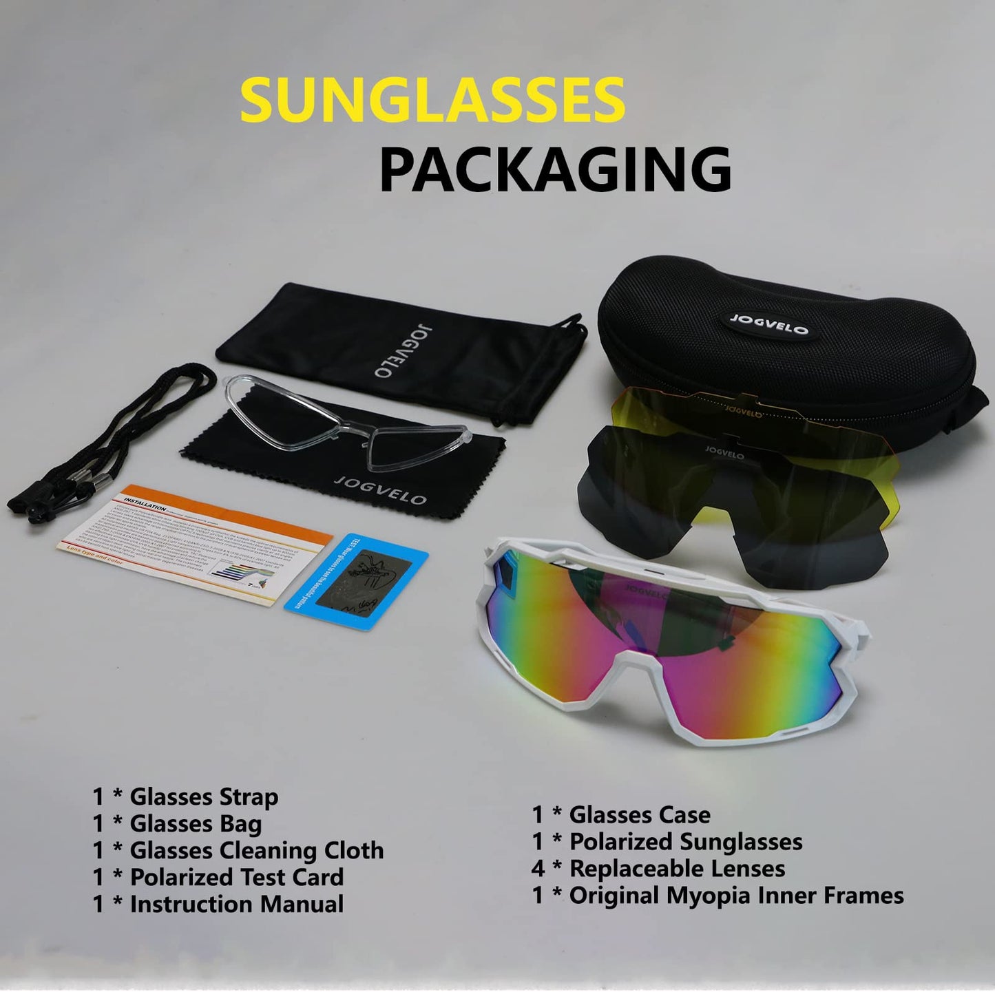 JOGVELO Polarisierte Sonnenbrille, Fahrradbrille Herren Damen mit 3 Wechselgläsern Sportbrillen Radbrille für Radfahren Laufen Angeln