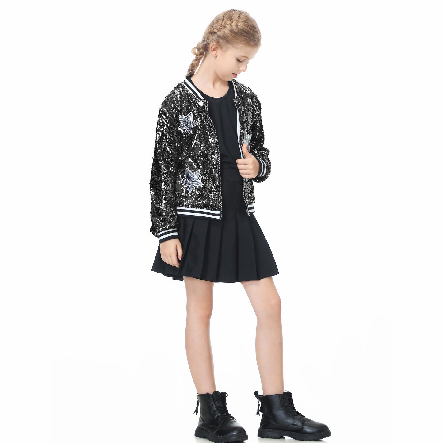 LOLANTA Girls Sequin Bomber Jacket with Pockets Zipper Long Sleeve Glitter Baseball Jackets for Kids 4-13 Years