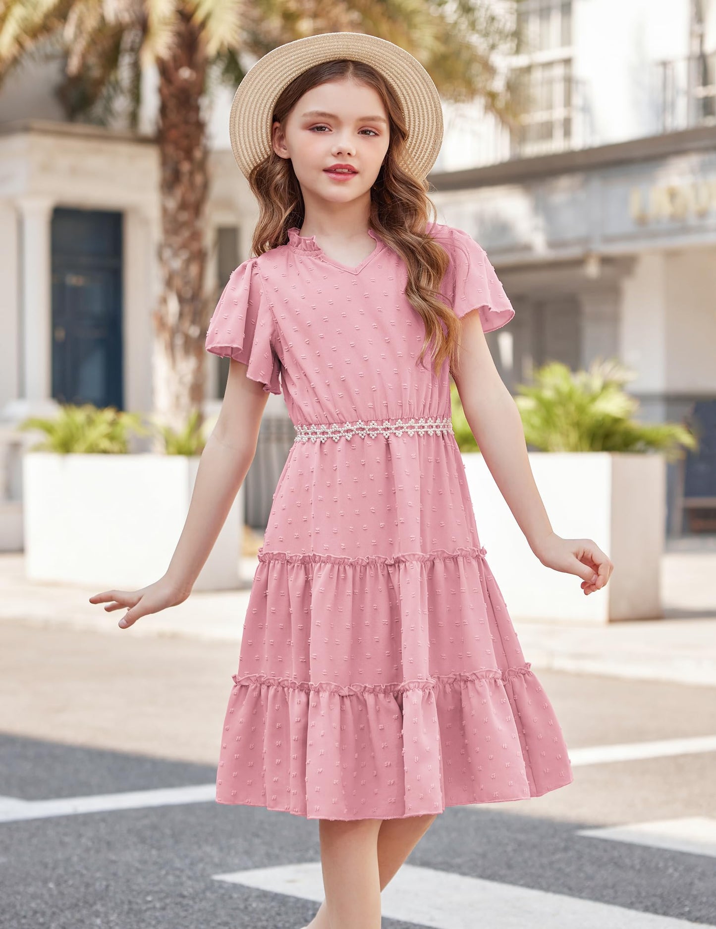Arshiner Girls Dress Festive Ruffle Sleeve Summer Dresses V-Neck Party Dress Swiss Dot Tiered Dress Children A-Line Swing Kids Dress with Pocket 3-12 Years