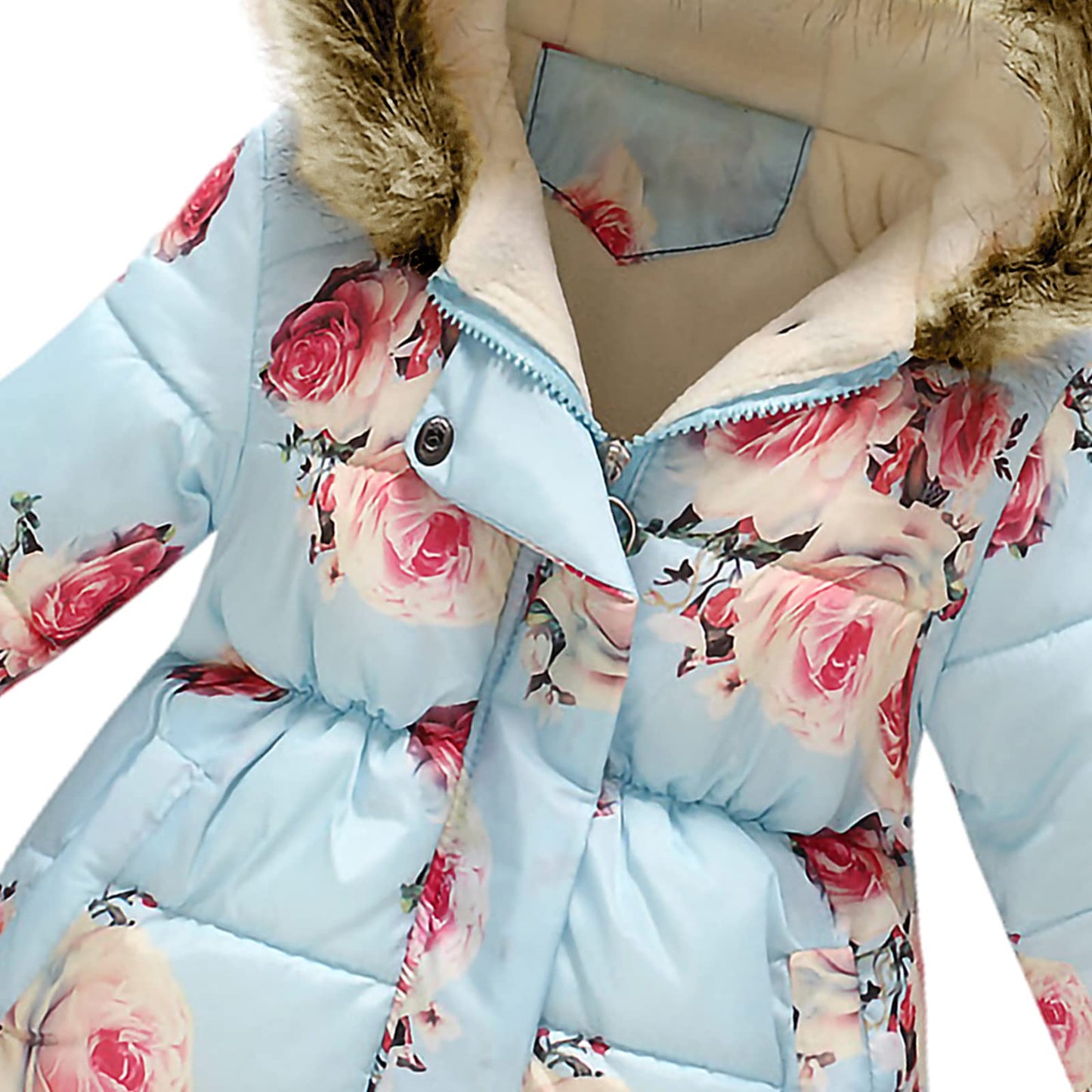 amropi Girls' Floral Winter Jacket with Fur Hood Warm Winter Coat Children's Jacket for 2-10 Years