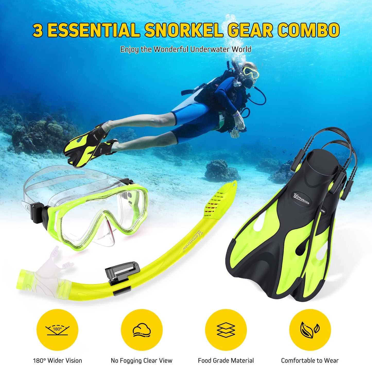 UPhitnis Kinderschnorchelset mit Flossen, Antibeschlag 180° Panorama Taucherbrille, verstellbare Schwimmflossen und Premium Dry Schnorchel, 3-in-1 Schnorchelset für Kinder mit Tragetasche