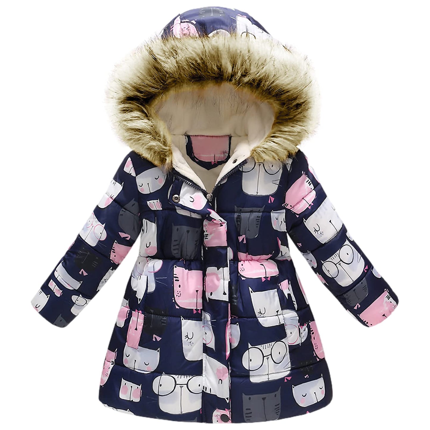 amropi Girls' Floral Winter Jacket with Fur Hood Warm Winter Coat Children's Jacket for 2-10 Years