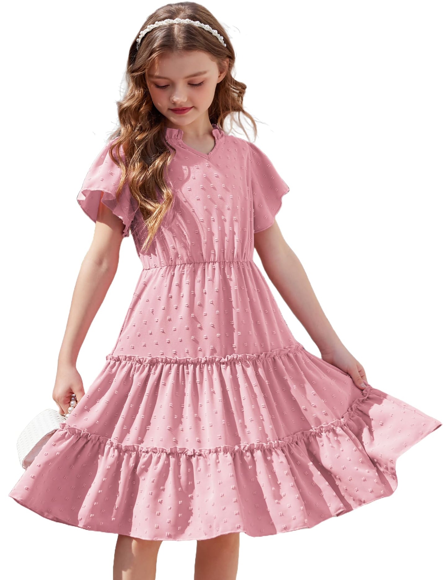 Arshiner Girls Dress Festive Ruffle Sleeve Summer Dresses V-Neck Party Dress Swiss Dot Tiered Dress Children A-Line Swing Kids Dress with Pocket 3-12 Years