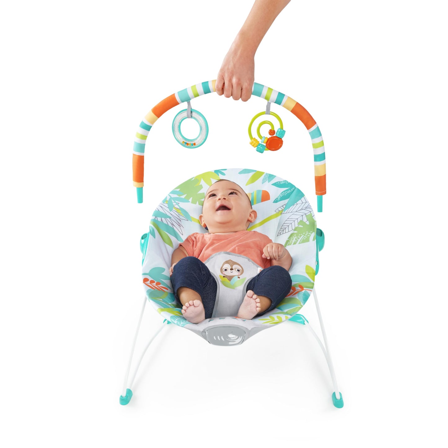 Bright Starts, Babywippe Babyschaukel Safari Fun mit Beruhigenden Vibrationen, Spielbogen mit 2 Spielzeugen, 3-Punkte-Gurt Sitz, Maschinenwaschbares Sitzpolster, ab der Geburt bis 9kg