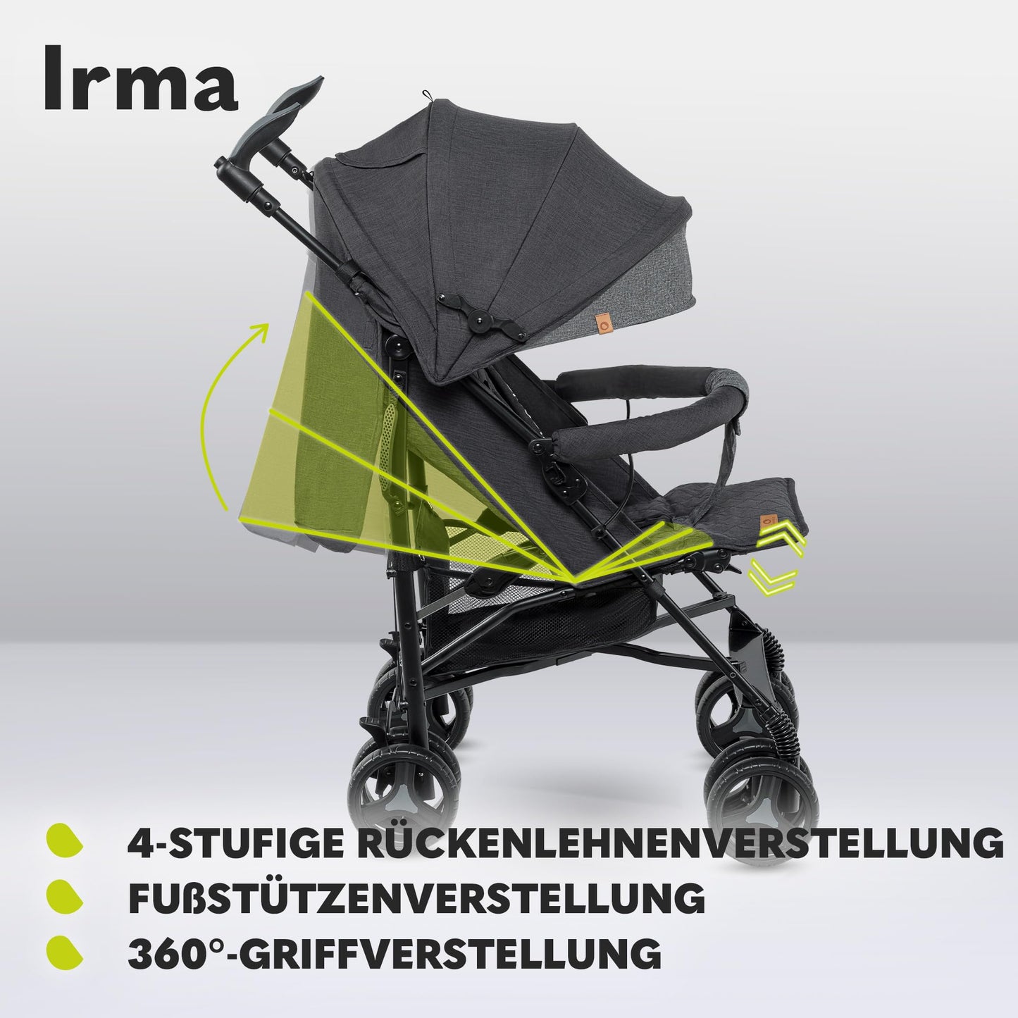 Lionelo Irma Pushchair up to 15 kg, Lightweight Modern Pushchair with Reclining Function, Foldable, Large 6 Inch Wheels, Large Basket, Bag, Mosquito Net