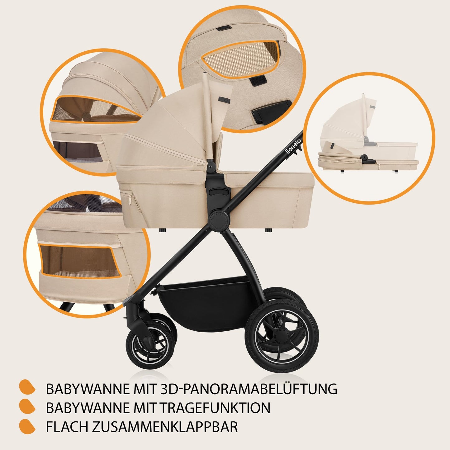 LIONELO MERIL 3-in-1 Multifunktionaler Kinderwagen 0-48 Monate Bis zu 22 kg, Babywanne bis zu 9 kg, Kindersitz bis zu 13 kg, Geländeräder 360°, Vollfederung, XXL-Verdeck mit UPF50+ - Meloni2