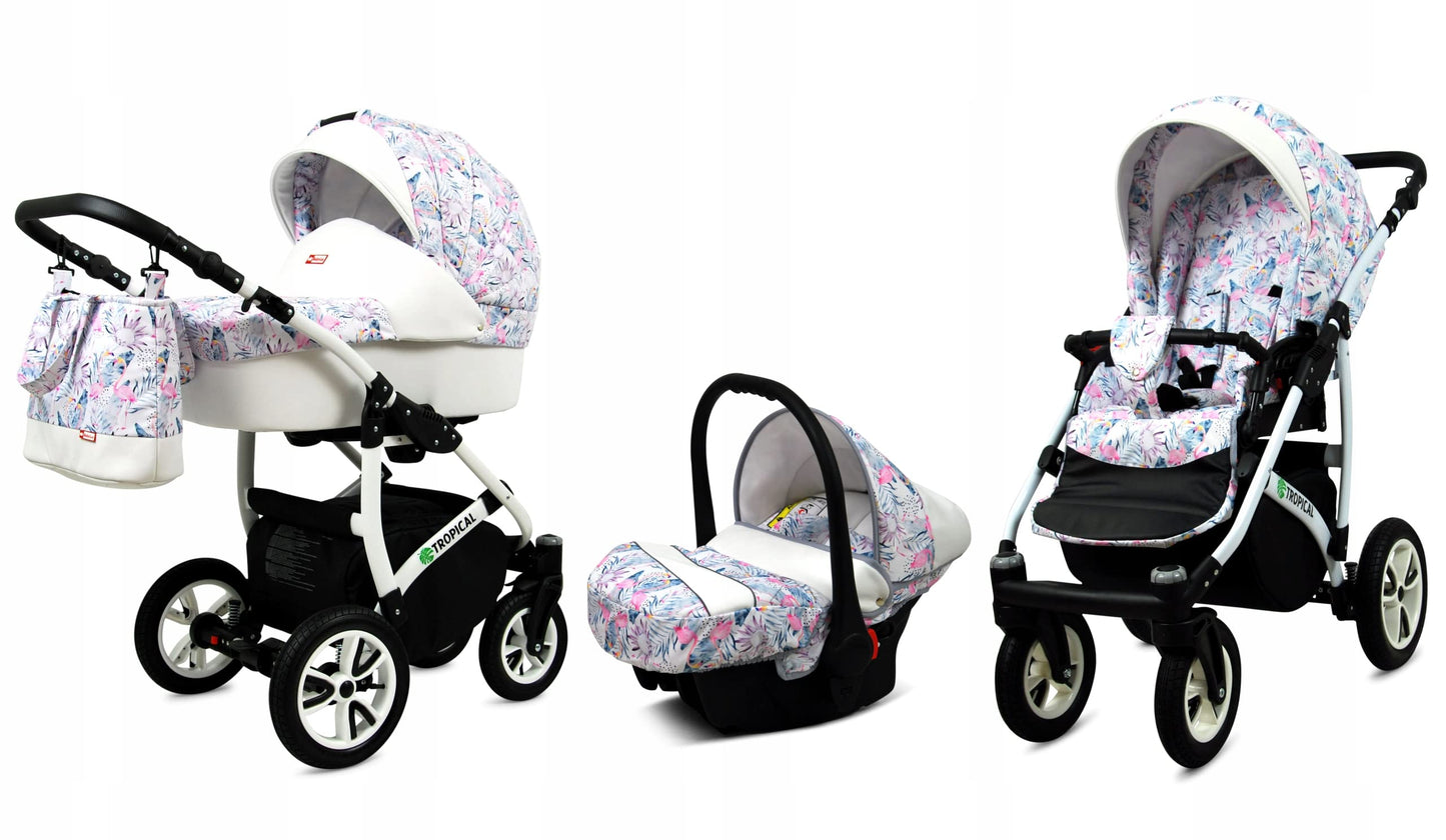 BabyLux® Bambimo Pushchair Set 3 in 1 - Tropical - incl. Baby Carrycot, Buggy Sports Seat, Car Seat - Pram Set - Combination Pram with Changing Bag, Rain Cover etc.