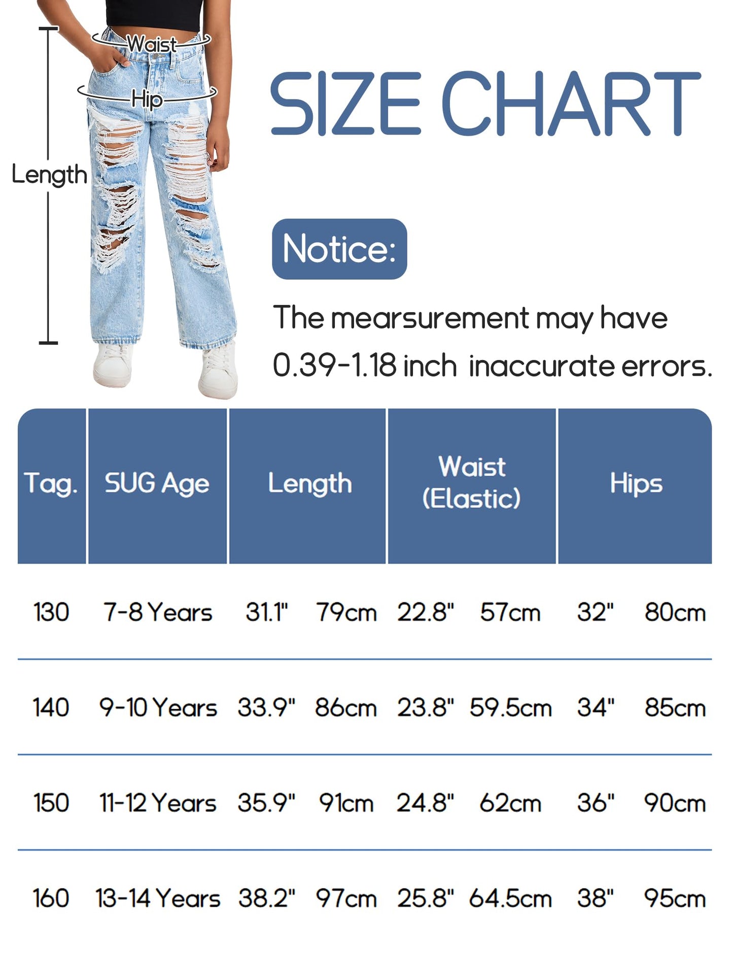 Happy Cherry Mädchen Jean Hosen Loch Wash Denim Blau Hose Kinder Elastische Taille Vintage Jeans Weites Bein Jeanshosen 130-160