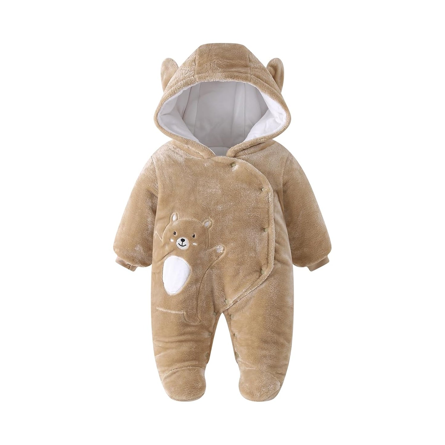 JiAmy Baby-Overall Baby-Strampler Flanell Winter-Strampelanzug mit Füßchen Kapuze Cartoon,Khaki 6-9 Monate