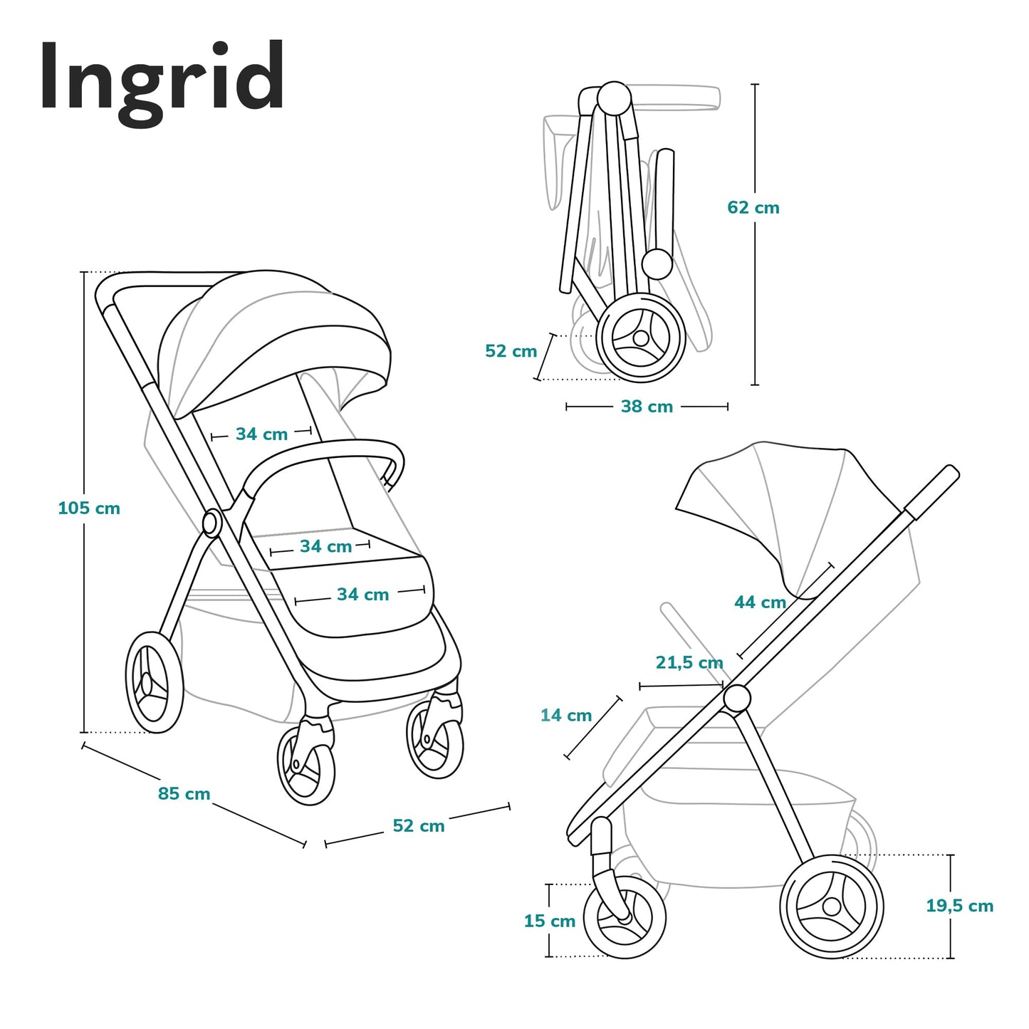 LIONELO INGRID Kinderwagen bis 22 kg von 6 Monaten bis 4 Jahren Große 360° schwenkbare Räder Volle Federung Einhändig zusammenklappbar Verstellbare Rückenlehne und Fußstütze Großes XXL-Verdeck
