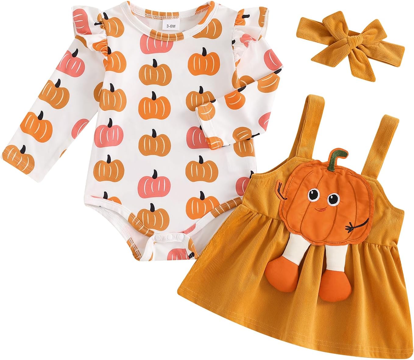ESSECMBS Infant Baby Girl Halloween Romper Skirt 3 Pieces Clothing Set Long Sleeve Ruffle Shoulder Body Braces Pumpkin Ghost Skirt Headband Girls All Saints Clothing