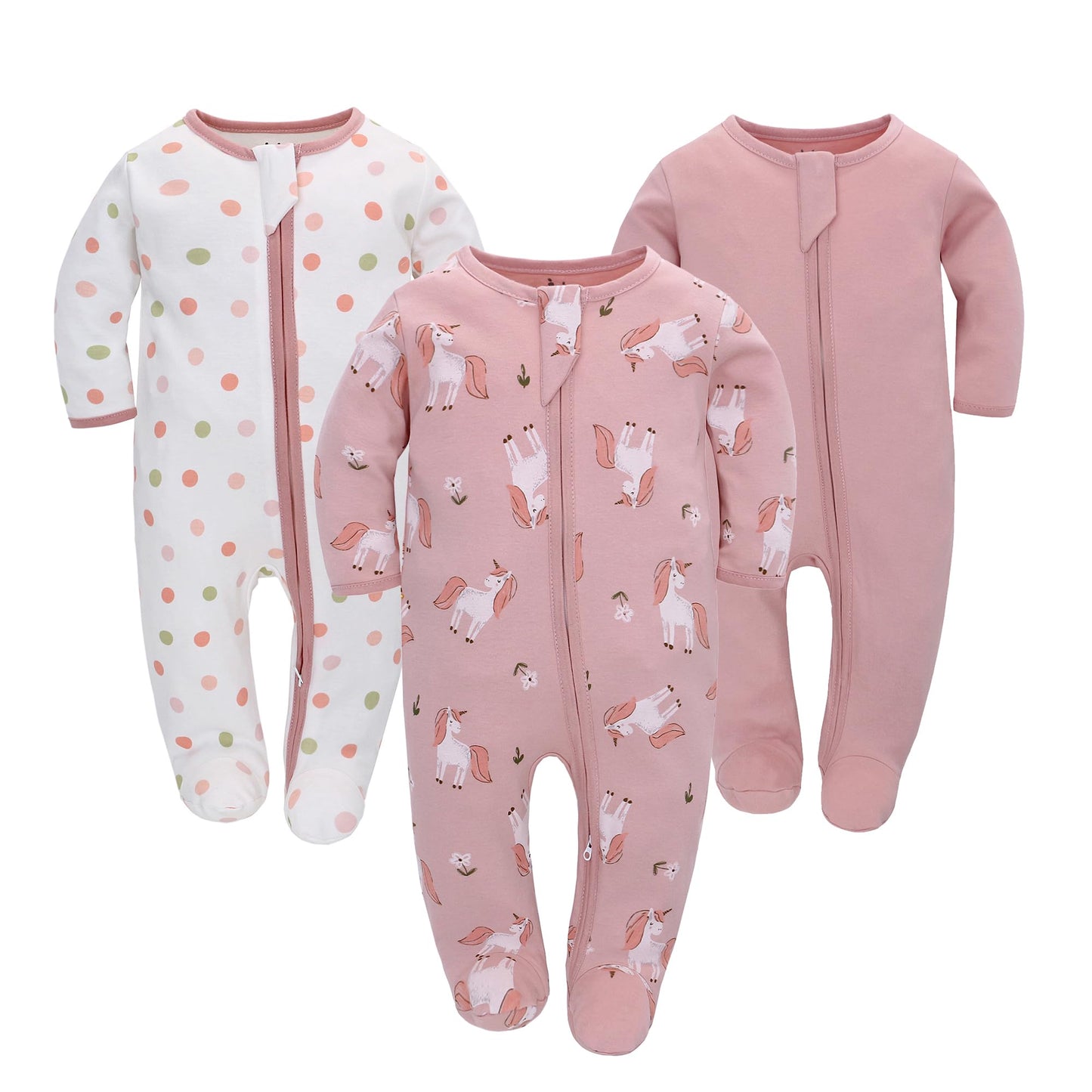 Newborn Baby Boys Girls Rompers with Foot Baby Pajamas One-Piece Long Sleeve Jumpsuit Infant Spring Autumn Bodysuit, 3 Pack