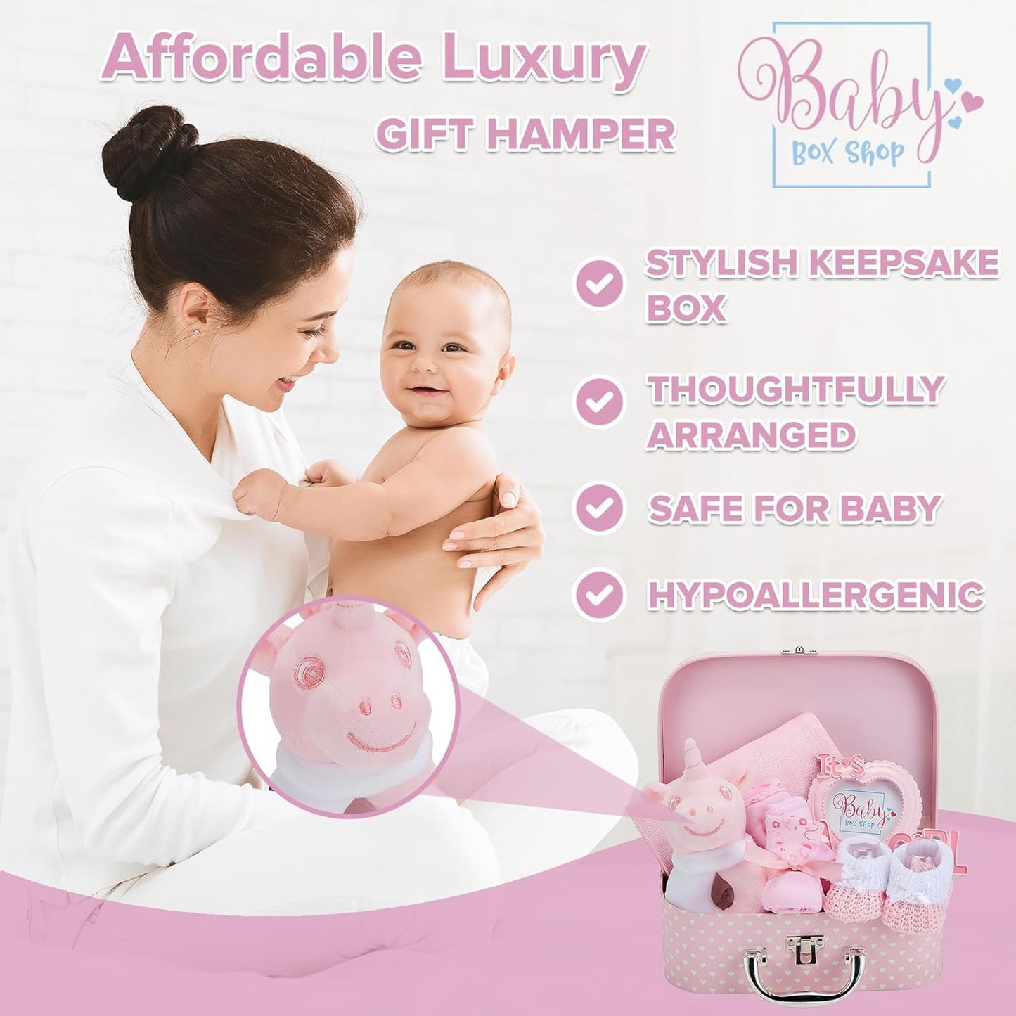 Box Shop Babyparty Mädchen Geschenk - 7 Baby Geschenkset, Für Neugeborenes, Zur Geburt - Rosa