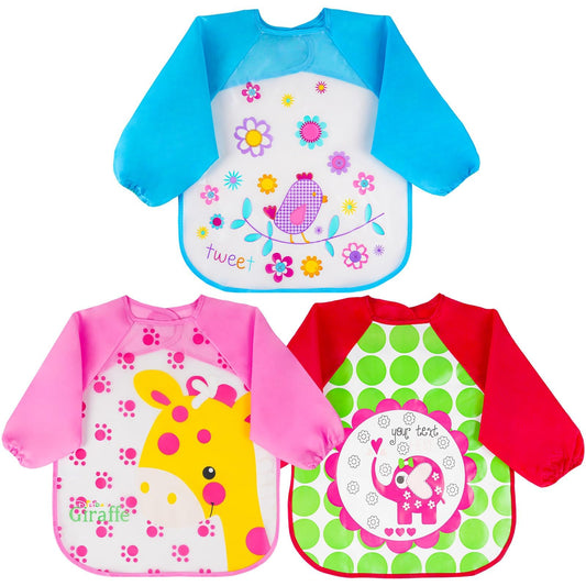 Vicloon Waterproof Baby Bibs, 5pcs Baby Bibs with Long Sleeves, Sleeved Bibs, Unisex Bib Set for Eating, Arts, Crafts, Painting, Playing (Pink, Blue, Green, Yellow)