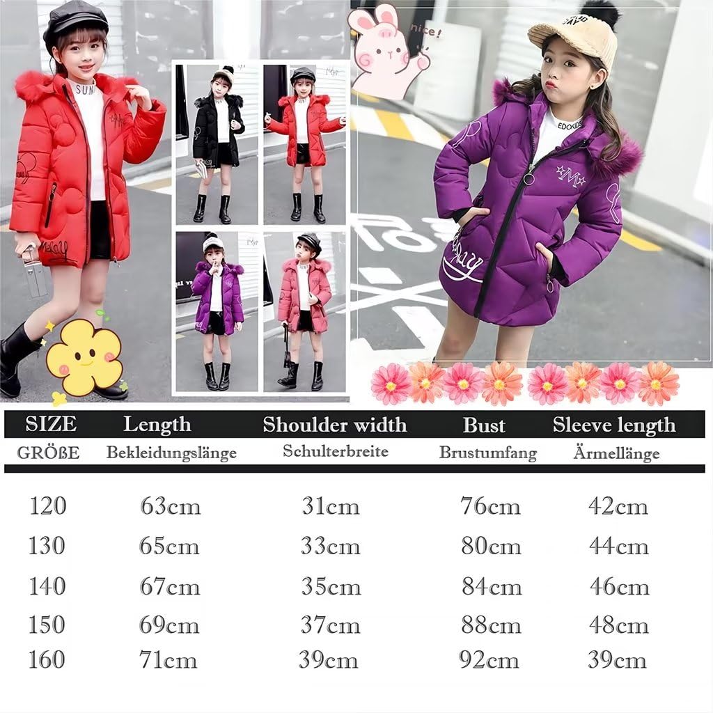 linboo Girls' Winter Jacket with Removable Fur Hood Warm Long Coat Children's Parka Outdoor Jacket with Letters and Cute Patterns