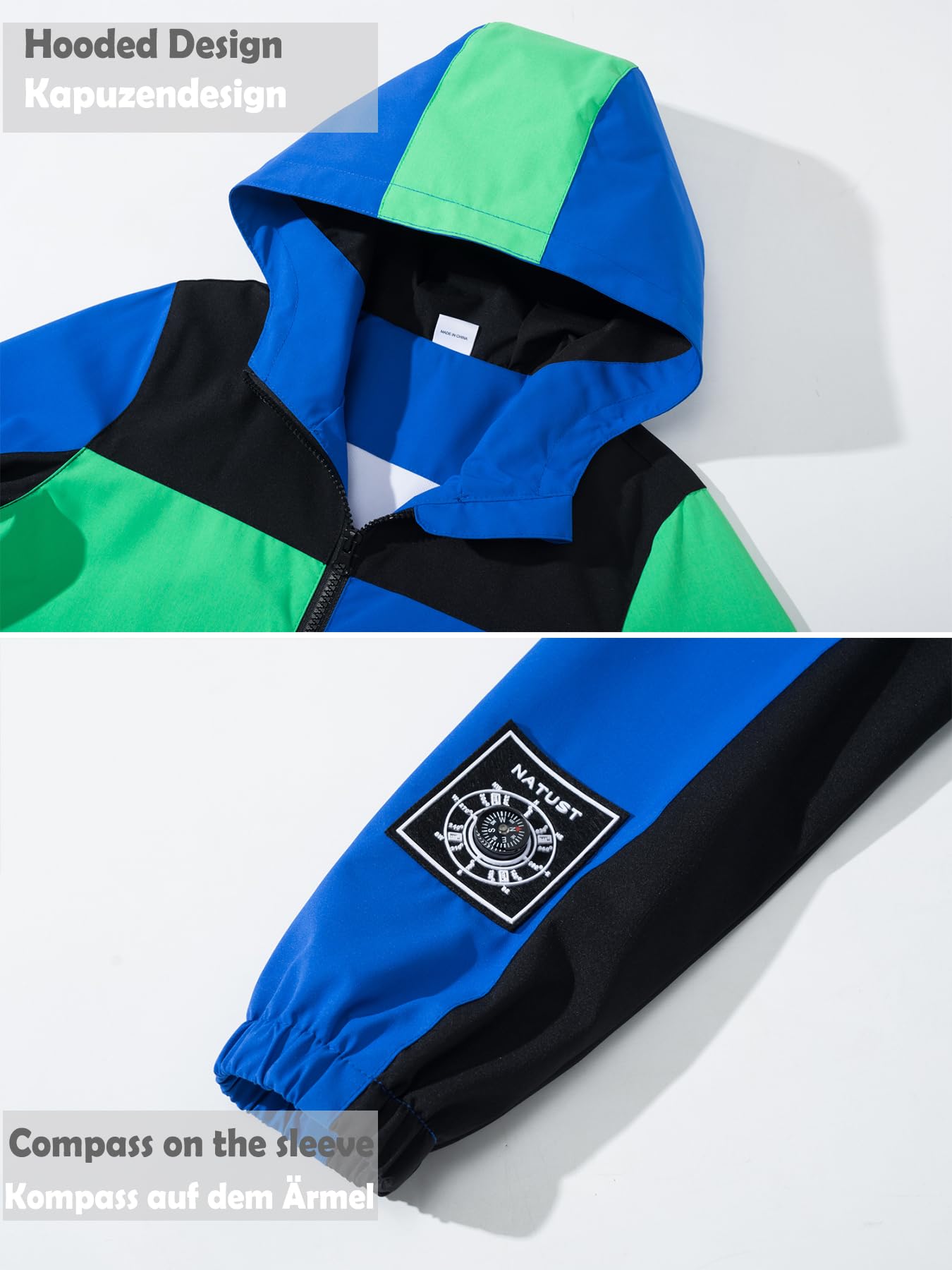 NATUST Kids Boys Waterproof Jacket Lightweight Transition Jacket Windproof Rain Jacket with Hood
