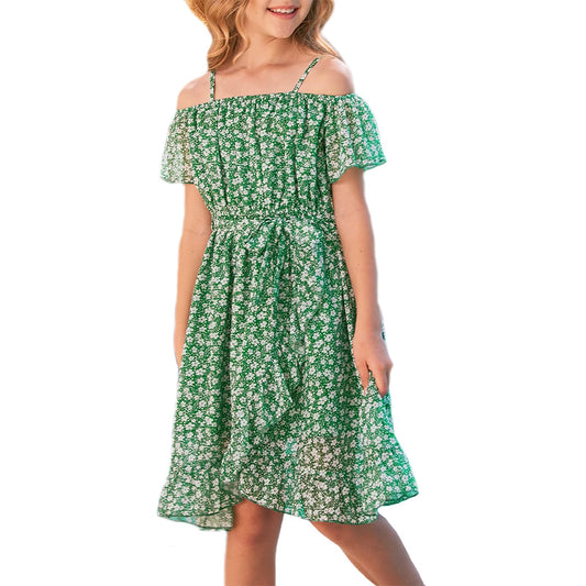 cenozo Casual Dresses for Girls, Chiffon Floral Dress, Off-the-Shoulder Summer Dress with Adjustable Straps, Leisure with Ruffle Sleeves, for Girls Aged 6 to 14 Years