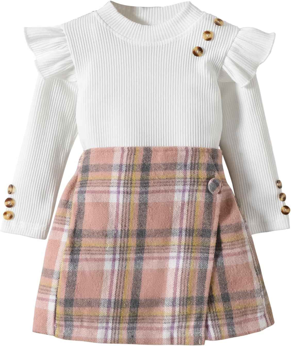 UUAISSO Kleinkind Baby Mädchen Kleidung Langarm Gerippte Oberteile Plaid Tweed Muster Rock Baskenmütze Herbst Knopf Outfits Sets