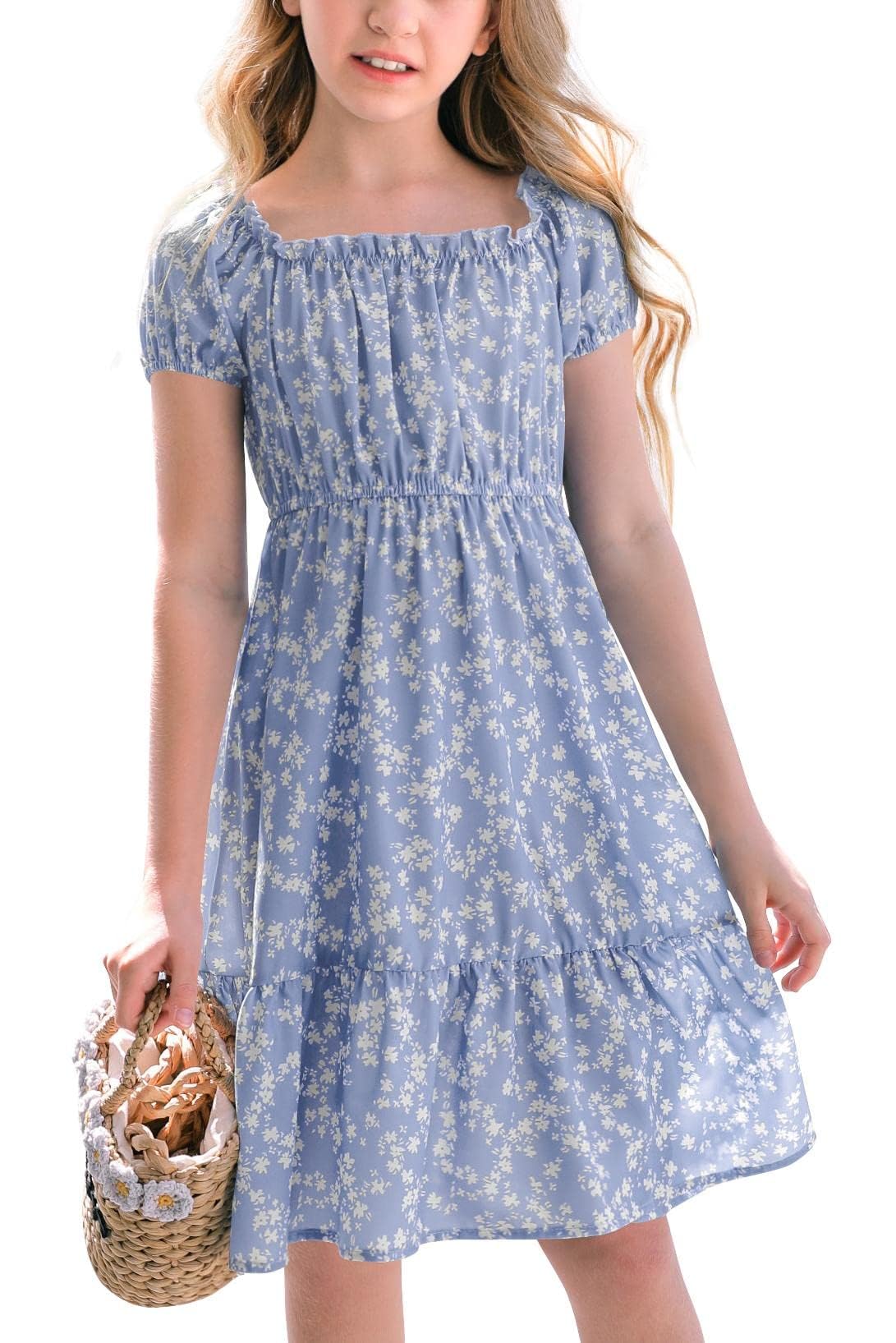 Haloumoning Mädchen Kleider Eckiger Ausschnitt Blumenkleid Kleider Sommer Puffärmel A-Linie Midikleid Kinder Partykleid