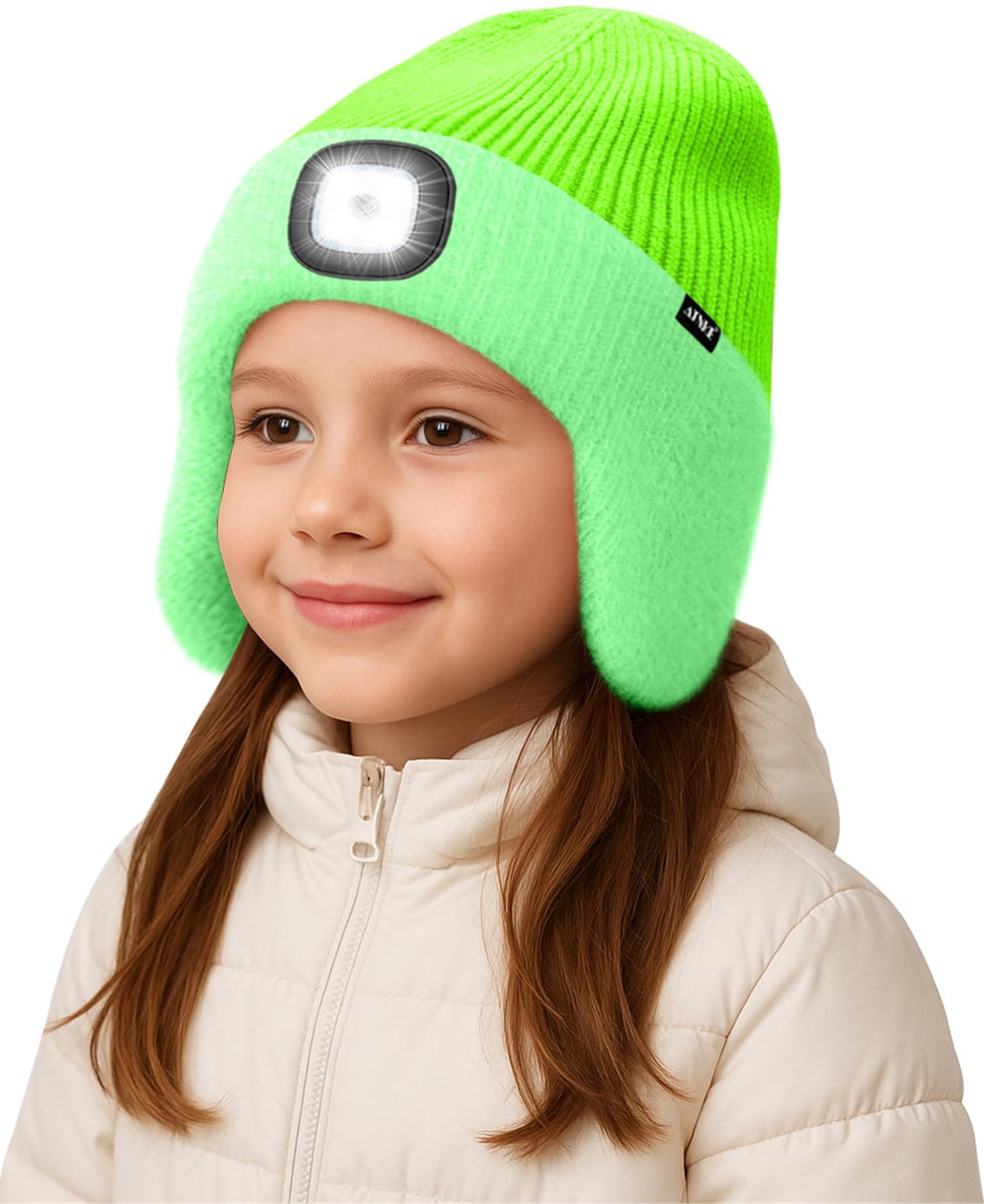 ATNKE Kinder LED Beleuchtete Ohrenklappen Mütze mit Licht,USB Wiederaufladbare 4 LED Laufmütze Stirnlampe Winter Warm Fleece Gefüttert Strick Mütze Geschenke für Jungen und Mädchen