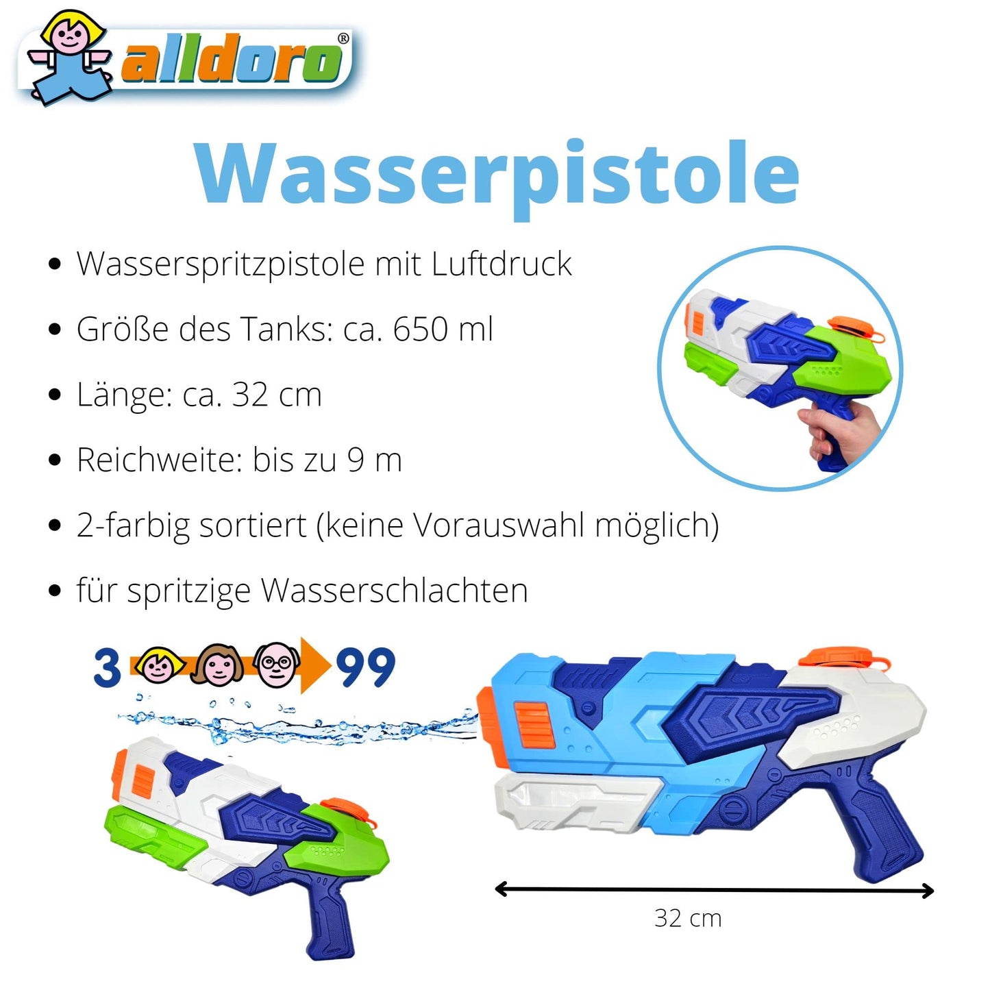 alldoro 60103 Water Power Wasserpistole ca. 27 cm, Reichweite bis zu 8 Meter, Wasserkanone mit 240 ml Wassertank, für Kinder ab 3 Jahren