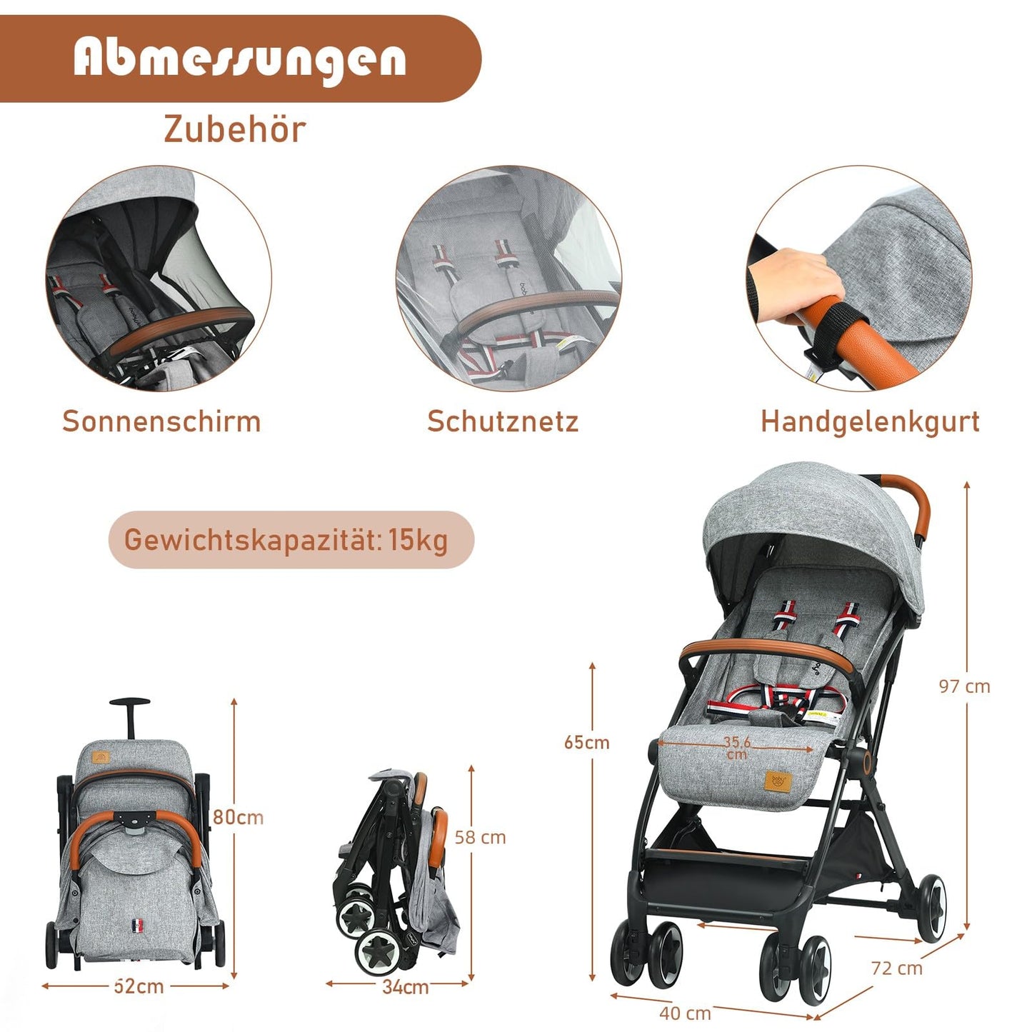 DREAMADE Children's Buggy Foldable with Reclining Function, Pram for Baby 0-3 Years, Foldable Buggy with 5-Point Safety Belt & Storage Basket & Brake (Grey)