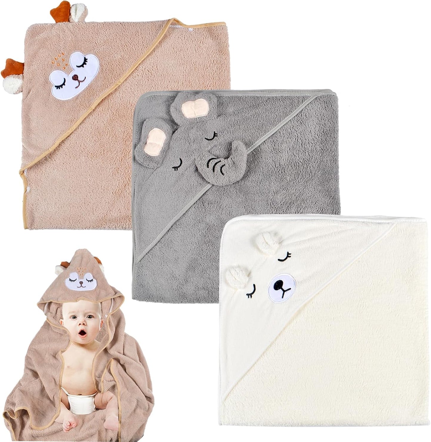 Funmo Baby Kapuzenhandtuch, 3 Stück Baby Badetuch Set, Kapuzenbadetüch für Kinder, Babyhandtuch Bambus Super Saugfähig, Kleinkind Badetücher mit drei Mustern als Baby Geschenk