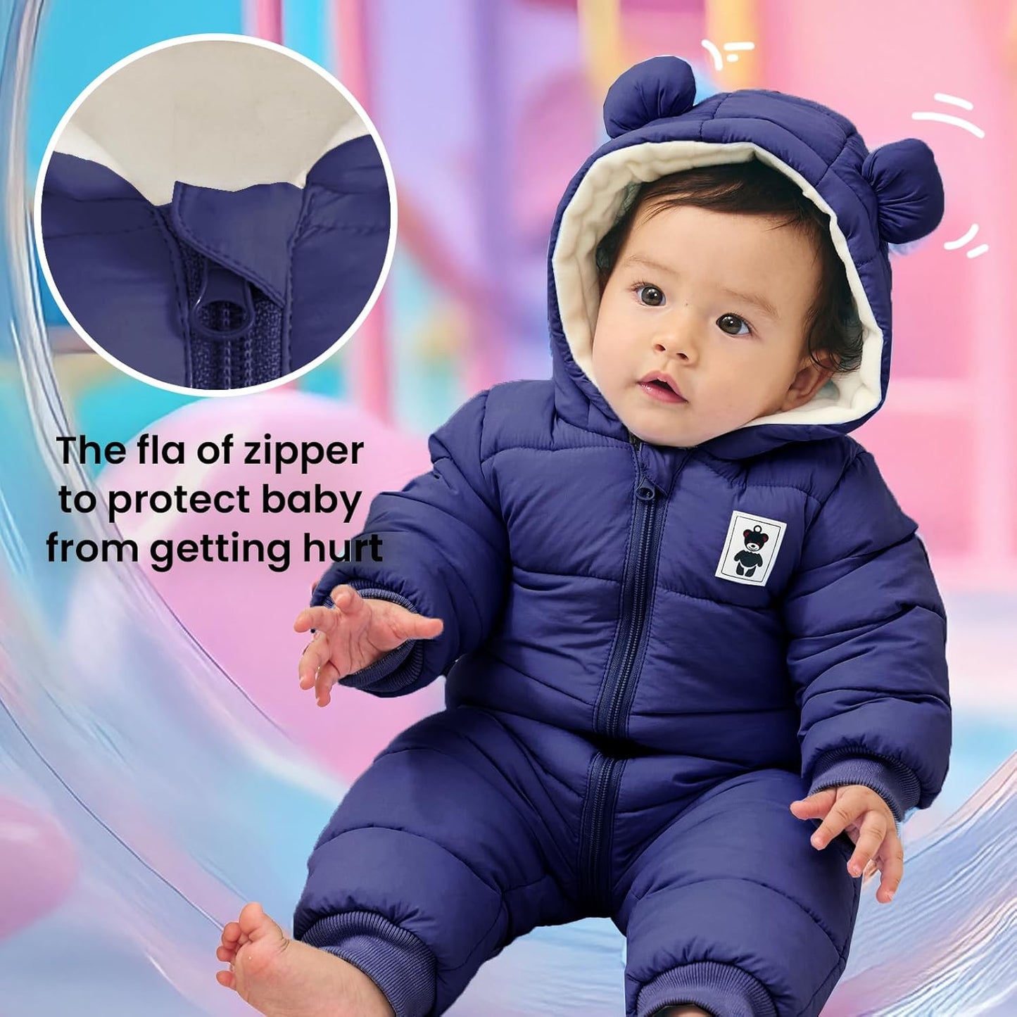Minizone Baby Winter Jumpsuit with Hood, Romper Snowsuit Boys and Girls, Long-Sleeve Jumpsuit, Warm Outfits, Gift, 6-9 Months, 80 cm, Black