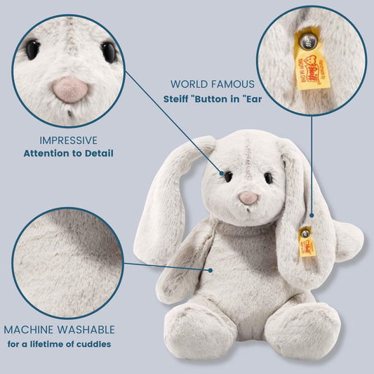 Steiff Hoppie Hase mit Schlappohren 28 cm hellgrau, Plüschtier, Soft Cuddly Friends, flauschiges Stofftier zum Kuscheln und Spielen, Kuscheltier für Mädchen und Jungen, waschmaschinenfest