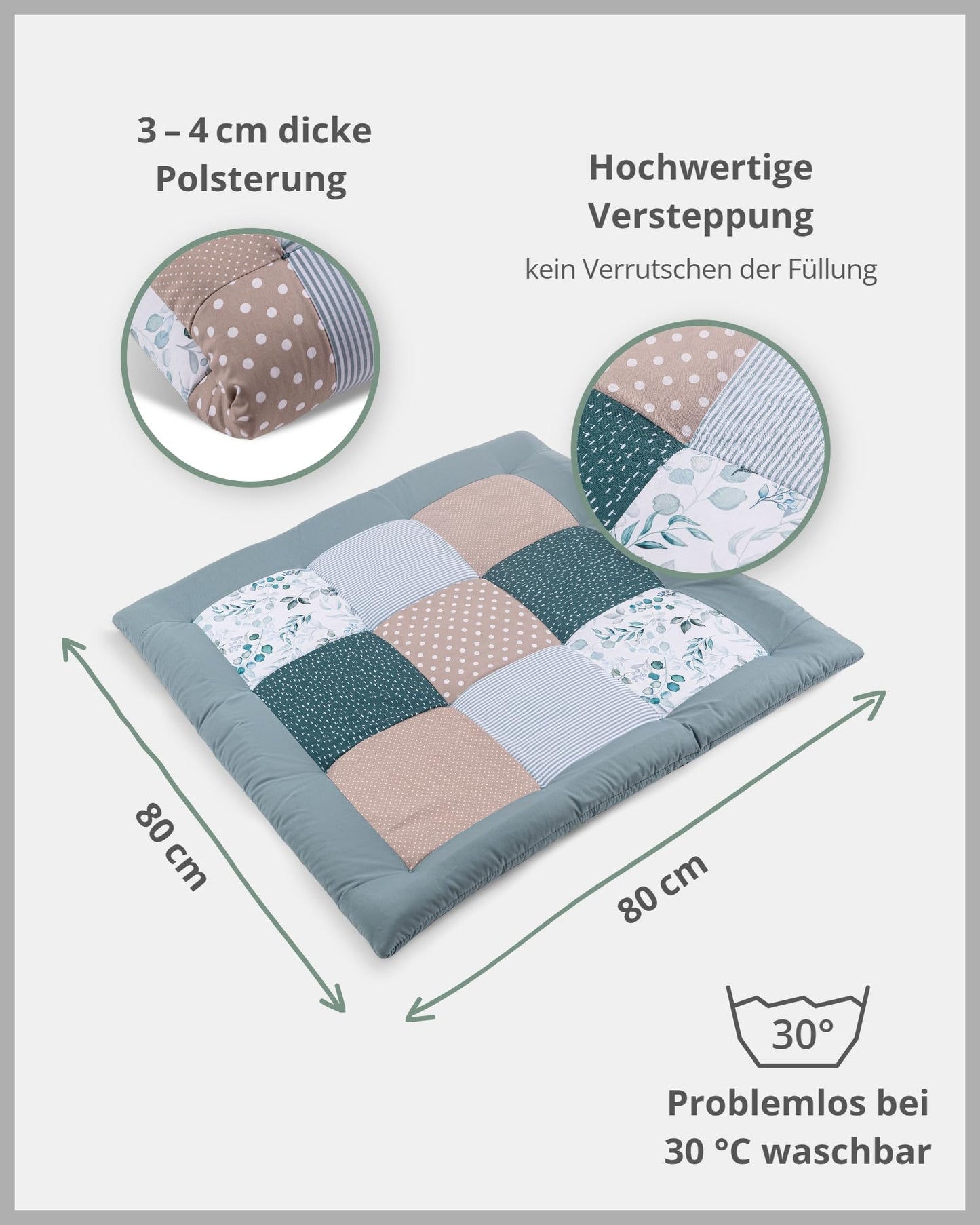 ULLENBOOM Krabbeldecke für Baby 80x80 cm, Outdoor-geeignet, 100% OEKO-TEX Materialien, Made in EU, Weich gepolstert, Eukalyptus - ideal als Spieldecke Baby - Meloni2