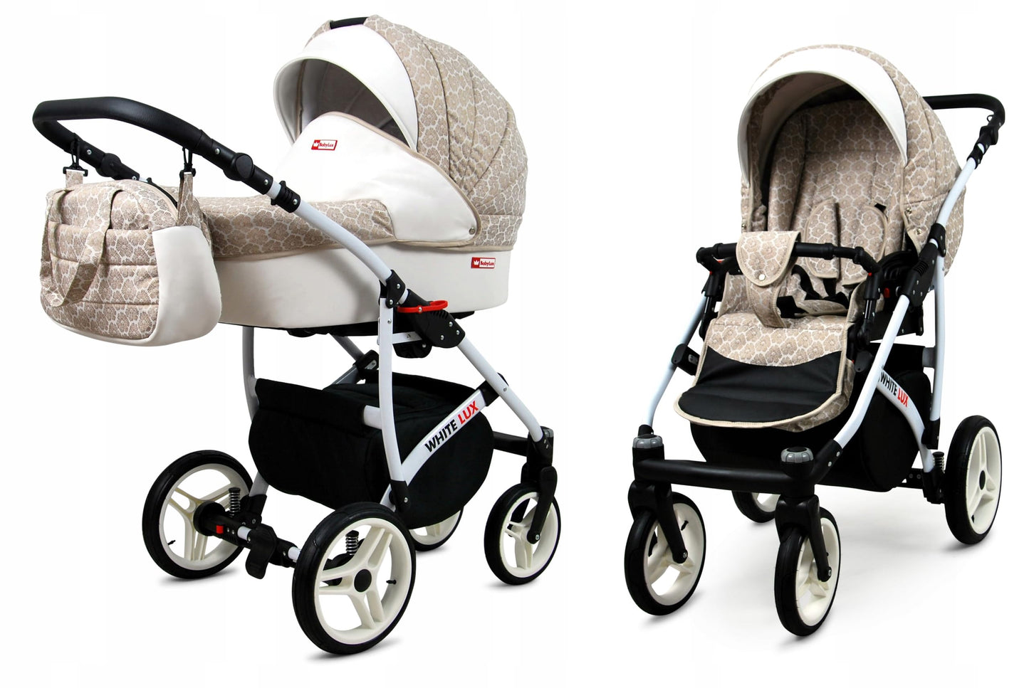 BabyLux® Bambimo Kinderwagen Set 3 in 1 - White Lux - incl. Babywanne, Buggy Sportsitz, Auto-Babyschale - Autositz - Kinderwagenset - Kombikinderwagen mit Wickeltasche, Regenschutz usw.