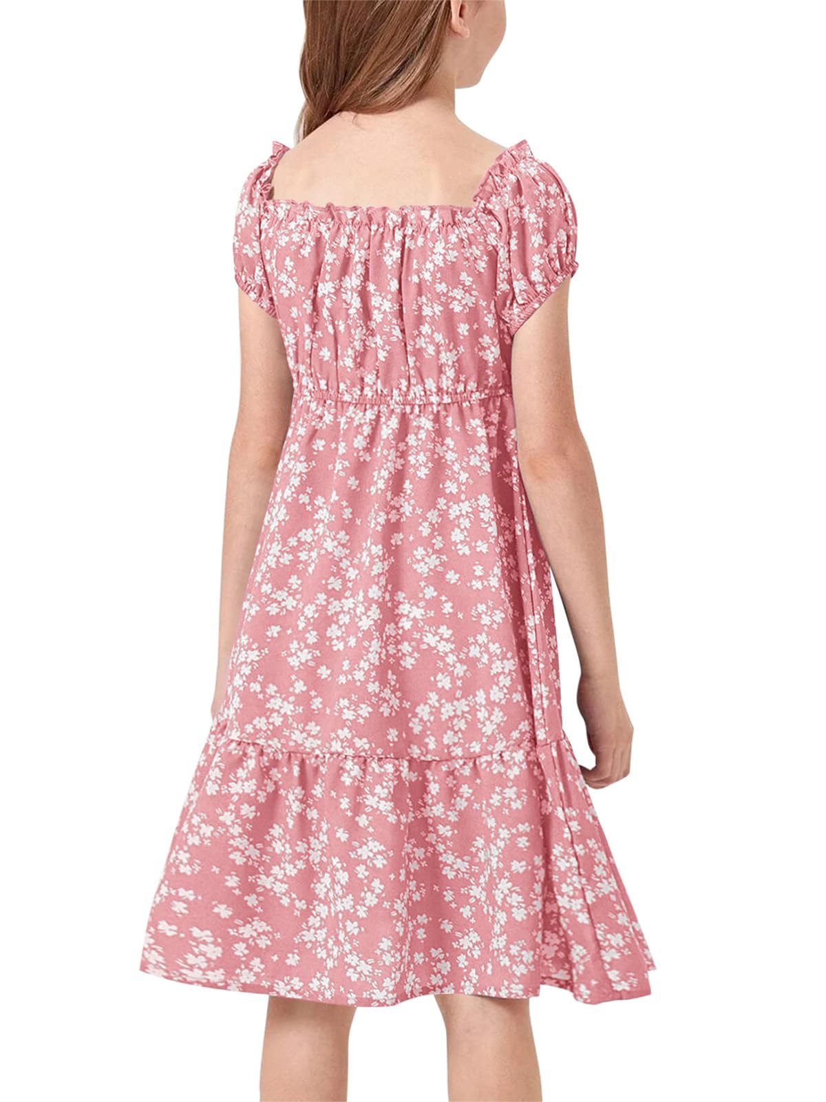 Haloumoning Mädchen Kleider Eckiger Ausschnitt Blumenkleid Kleider Sommer Puffärmel A-Linie Midikleid Kinder Partykleid