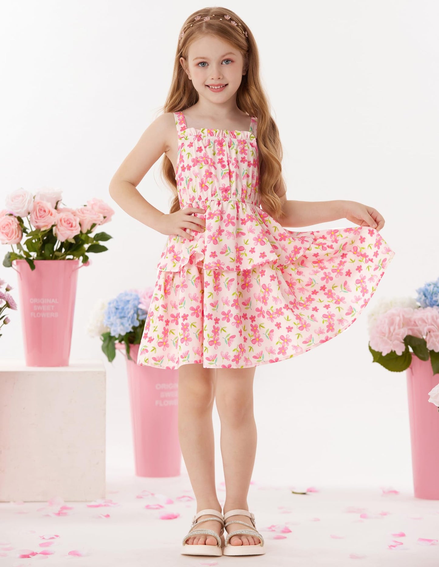 GRACE KARIN Mädchen Sommer Blumen Kleid Kinder Prinzessin A-Linie Freizeit Swing Kleid Verstellbare Spaghetti-Träger Doppelter Saum